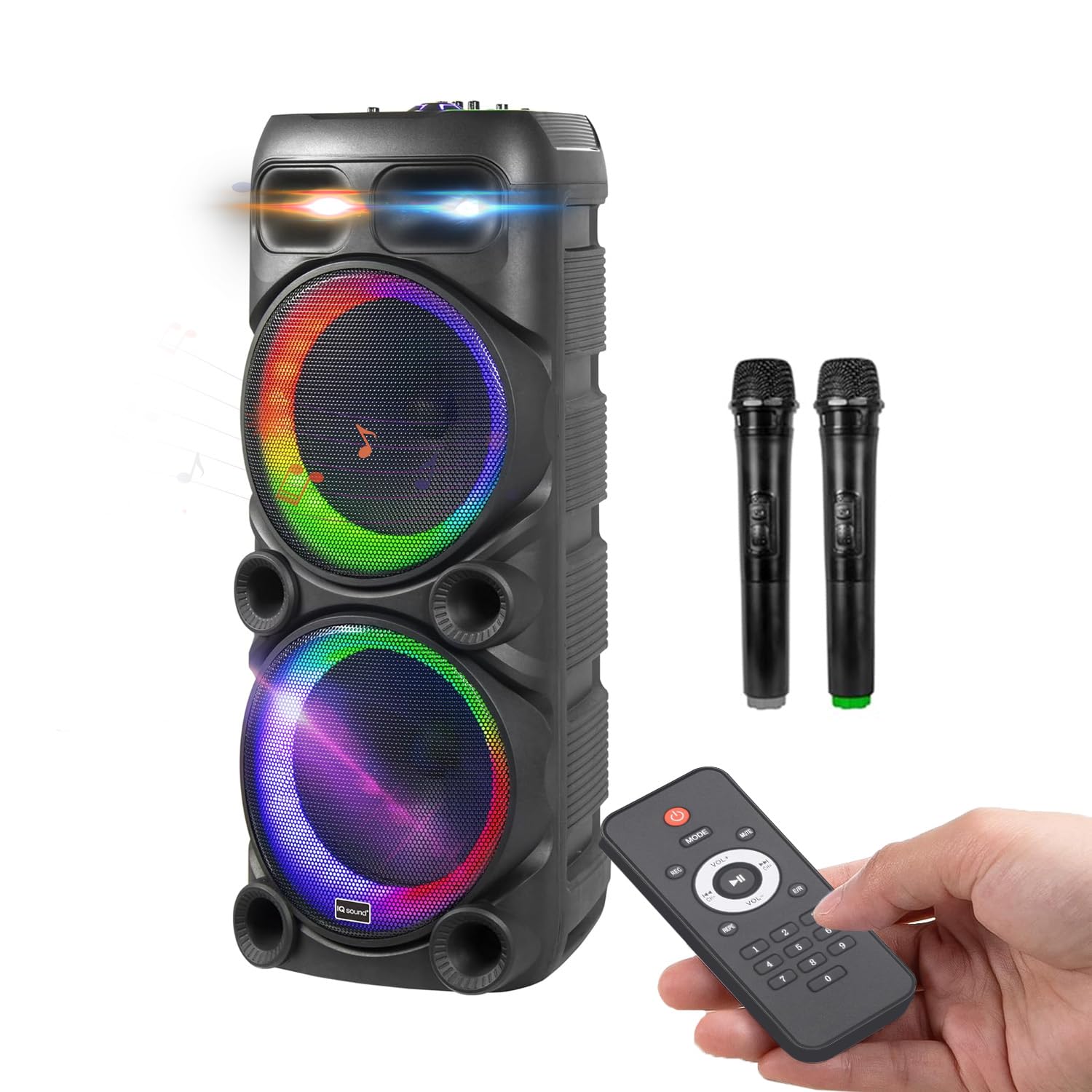 Avilia – Cassa Bluetooth 800W con Microfoni Wireless, Luci LED RGB e Telecomando | Speaker Portatile Potente per Karaoke e Feste, Batteria Ricaricabile fino a 8 Ore di Autonomia