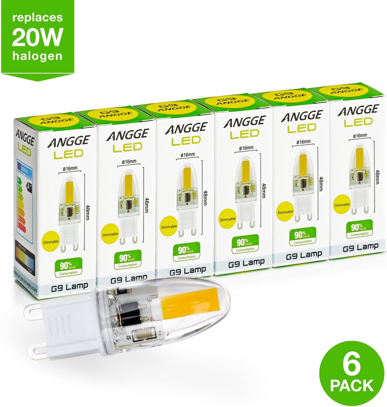 Pack of 6 - G9 3W LED Light Bulbs, ANGGE G9 Dimmable Warm White COB Led Bulb Crystal Spotlight Lamp Bulbs Silicone 360 Degree Illumination Energy Saving Halogen Light Bulb Replacement - (Warm White) [Energy Class A+]