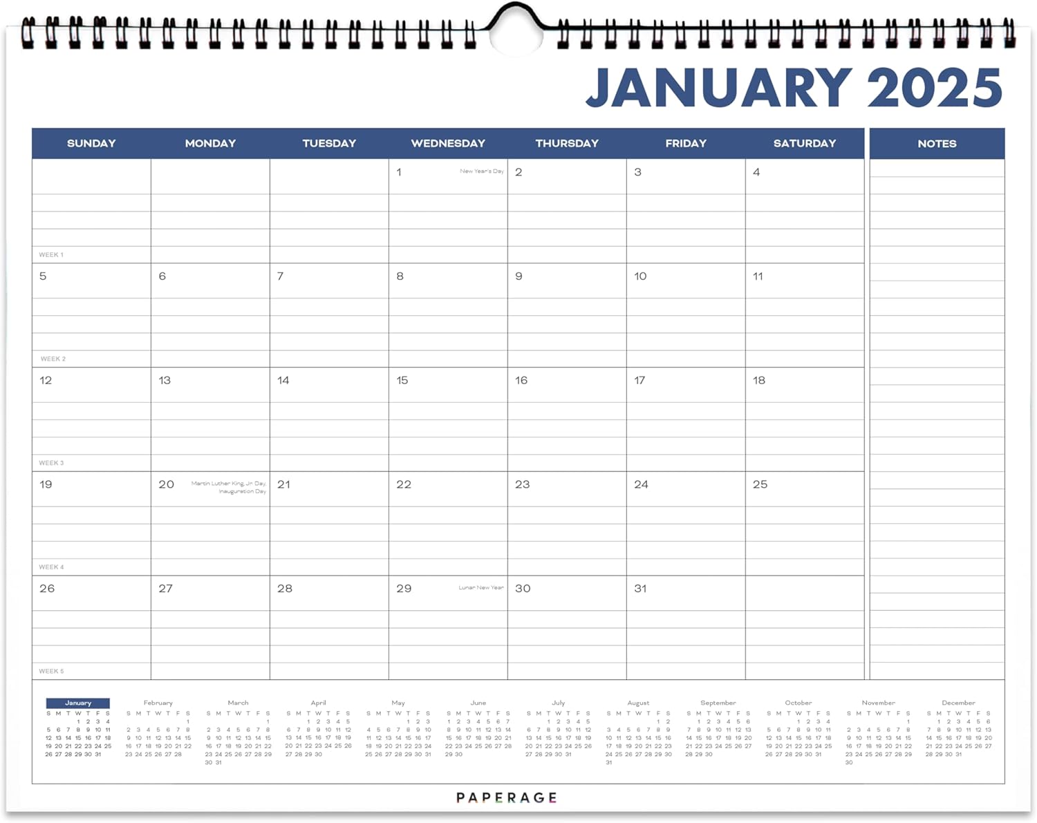 PAPERAGE Calendar 202512 Month (Navy), Minimalist Wall and Desk Calendar with