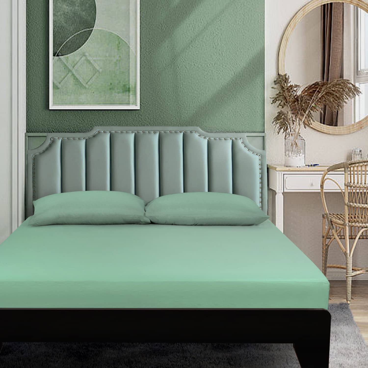 Lirex Lenzuolo Piatto, 150 x 200 cm 100% Cotone 300 Fili Morbido Traspirante Fitted Sheet, Verde Chiaro