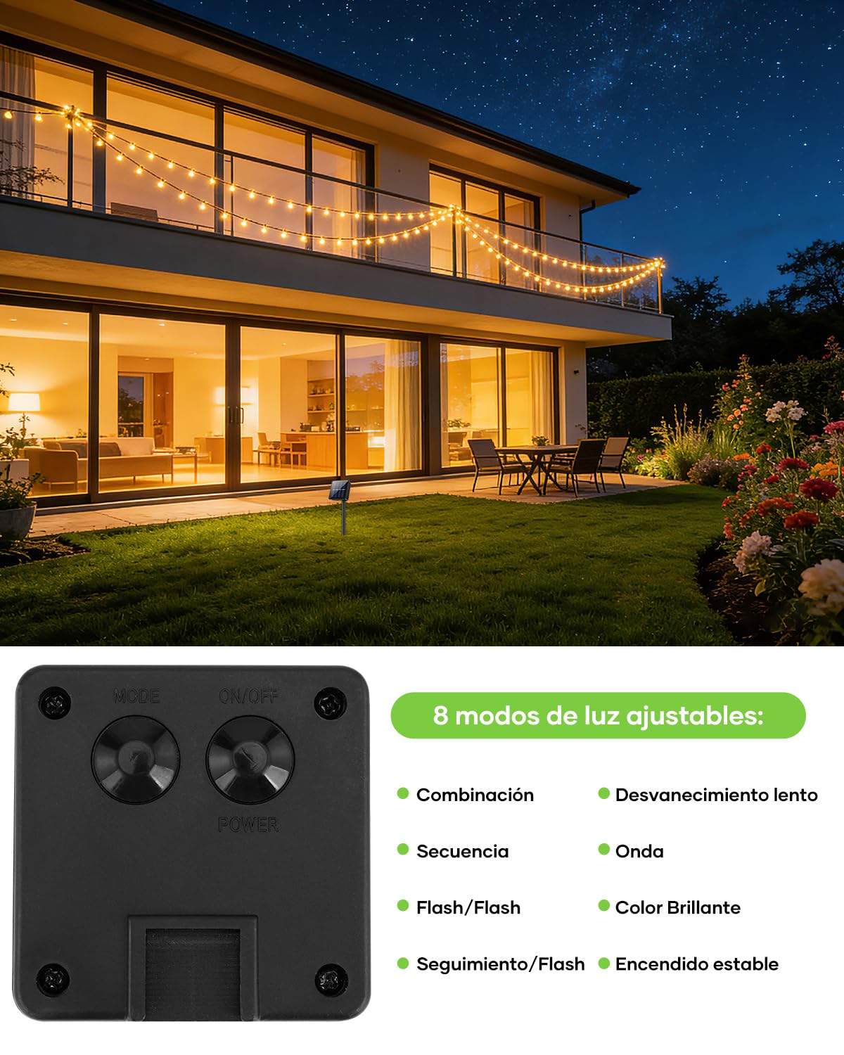 Suright Guirnaldas Luces Exterior Solar, 13M 60 LEDs Luces Solares LED Exterior Jardin, 8 Modos con Memoria, IP65 Impermeable, Luz Solar para Jardín Terraza Balcón Boda Fiesta, Cálido Blanco