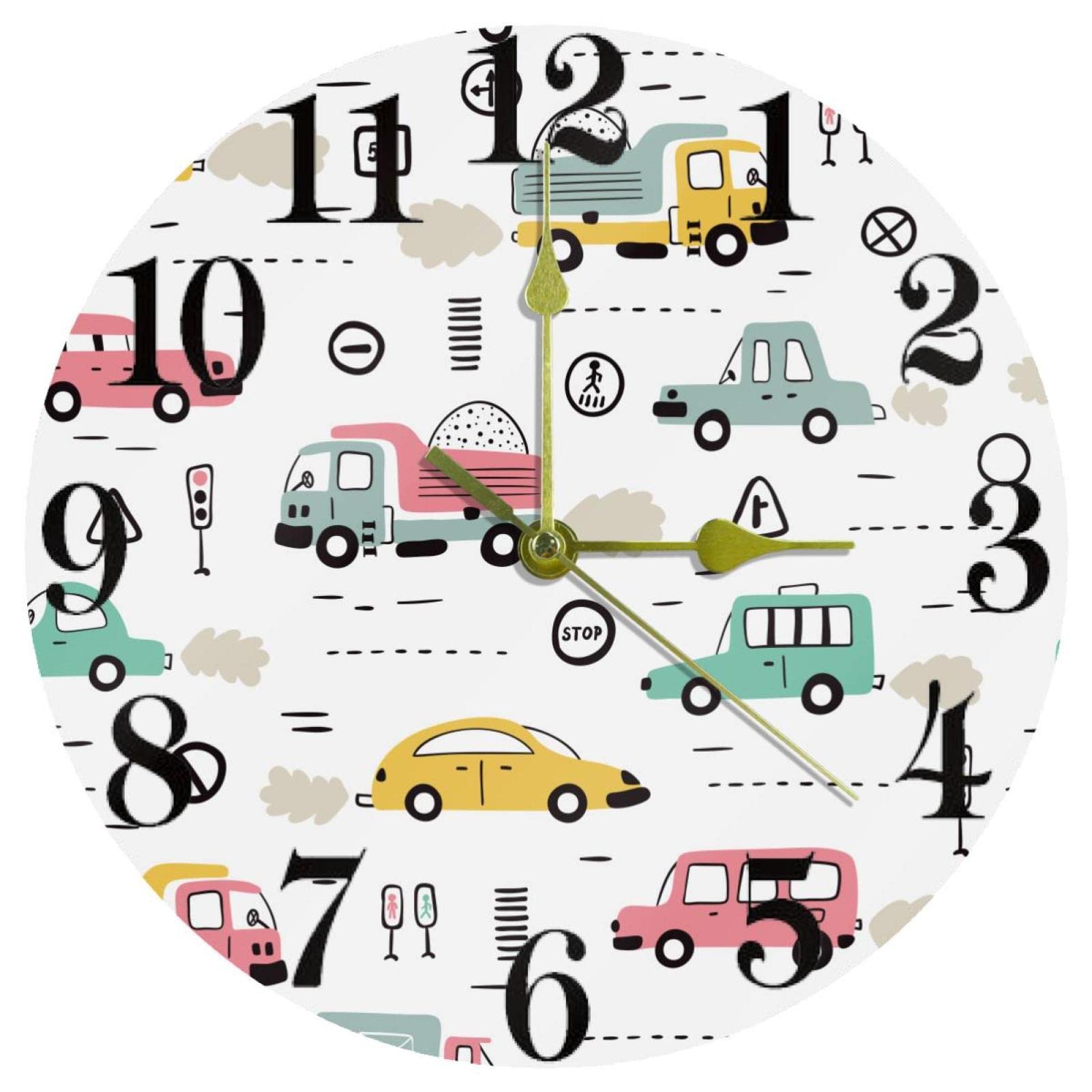 Horloge murale voiture pour enfant de 25,4 cm ronde et silencieuse