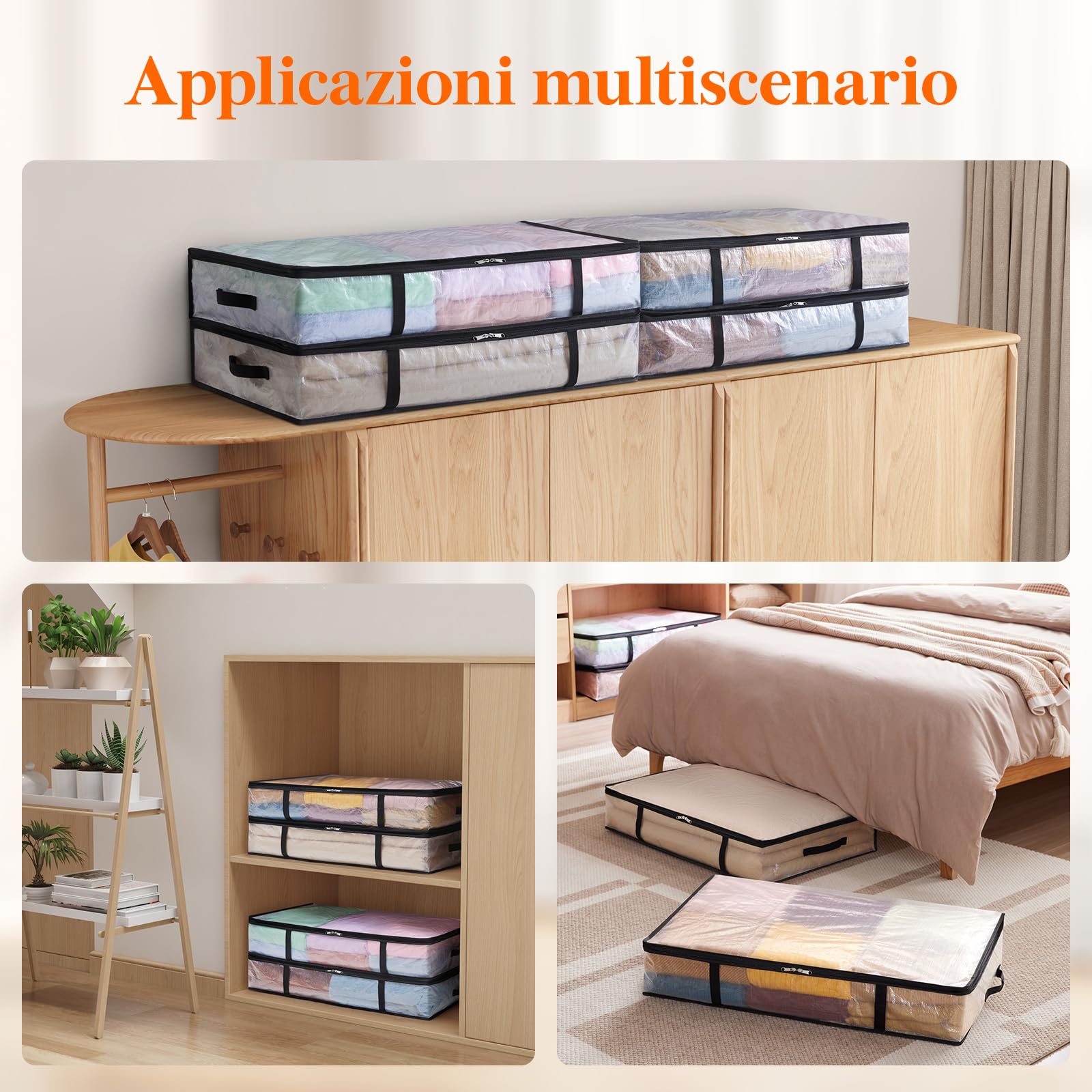 Lifewit 4 Pezzi Scatole per Vestiti Trasparente 60L, Contenitori Sottoletto Pieghevole con Manici, Scatole per Armadio en PP, Scatoloni trasloco, Organizzatore armadio per Vestiti, Coperte, Piumoni