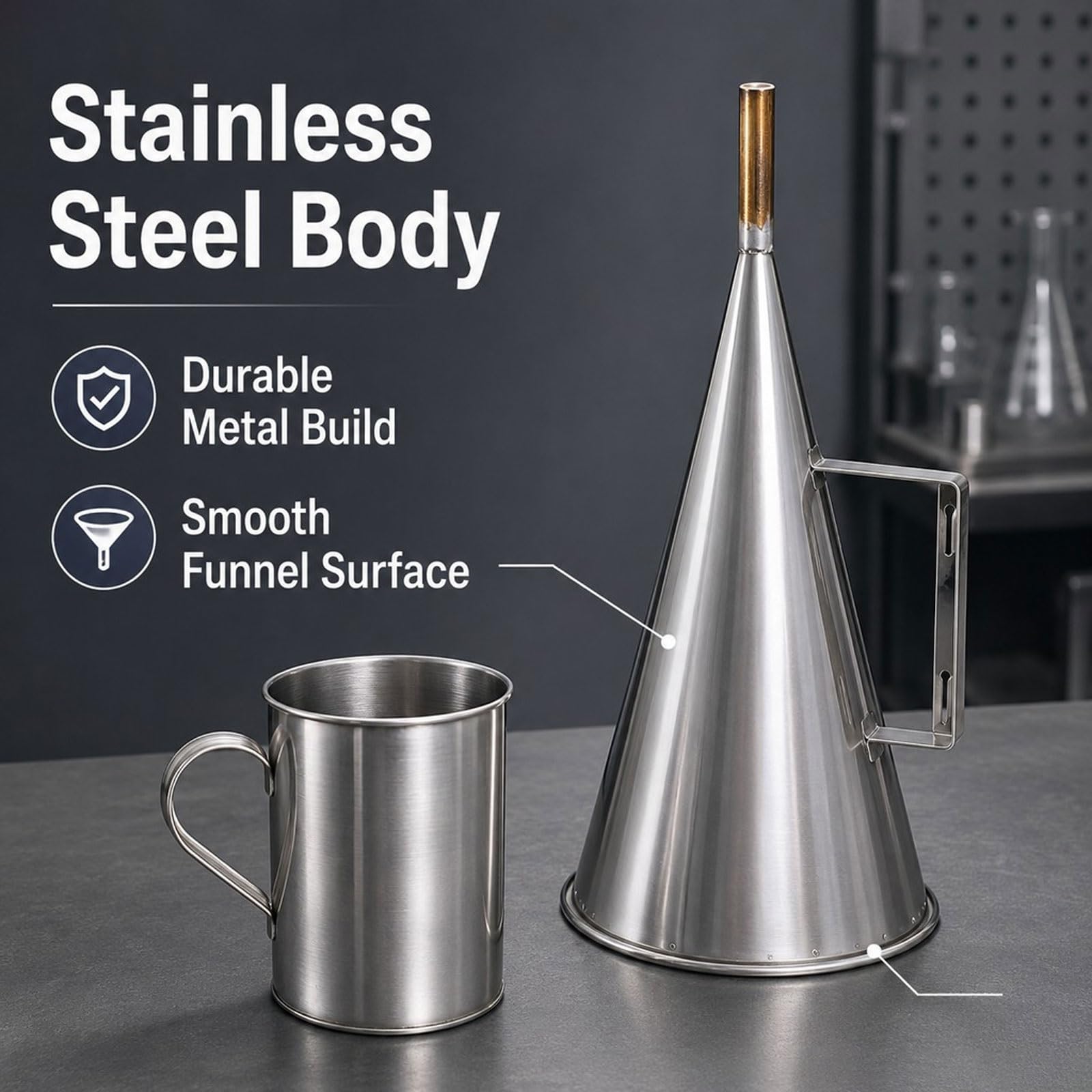 Viscómetro de embudo Marsh de 12", juego de detectores de prueba de acero inoxidable con vaso medidor de 946 ml, tamaño de malla de pantalla de 1,6 mm (malla 12), con vaso medidor de 946 ml