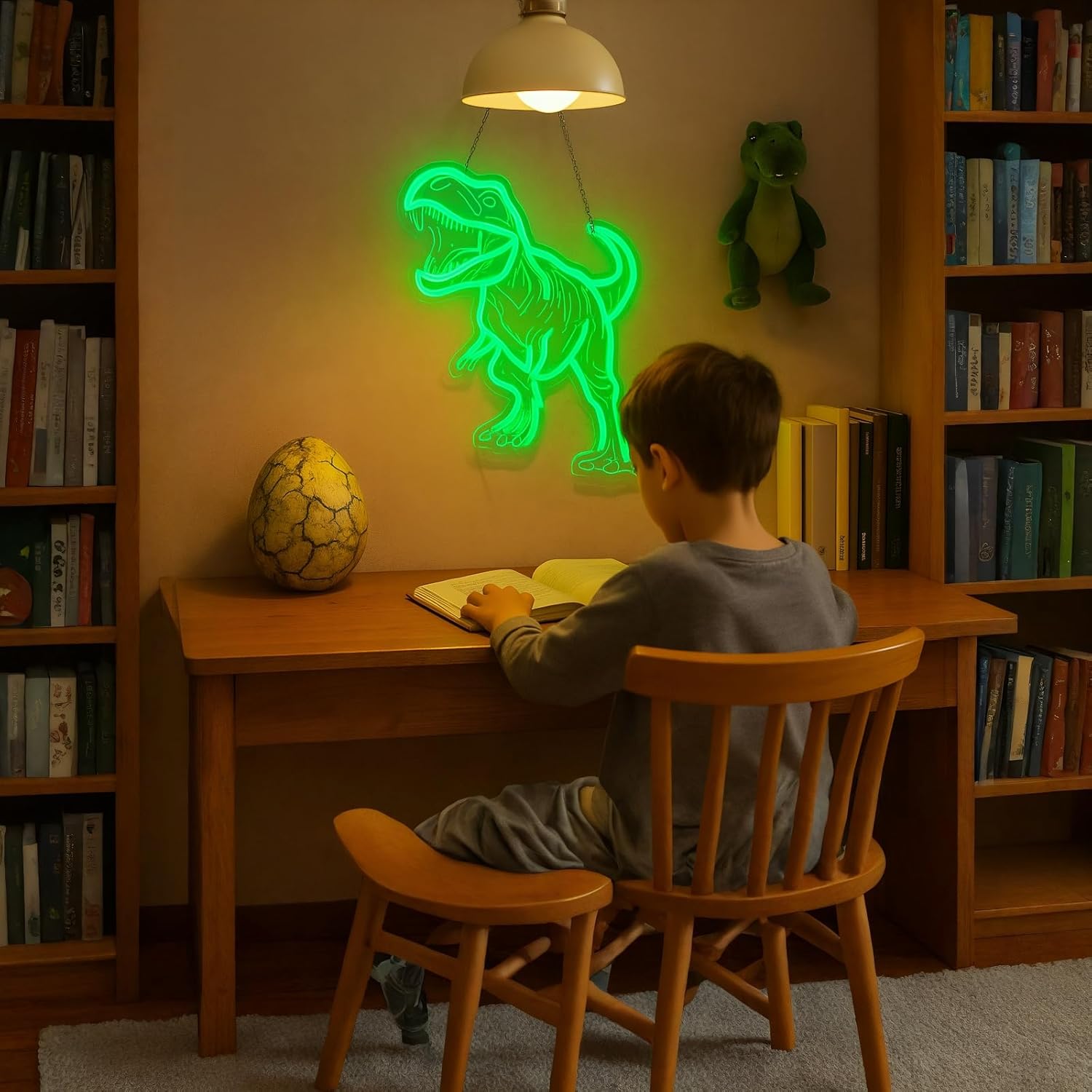 Dinosaur Neon Sign for Wall Decor, USB Dimmable Green LED Night Light for Boys Bedroom, Jurassic Party Decorations, Birthday, Halloween and Christmas Gift, 15.5 x 13 inch