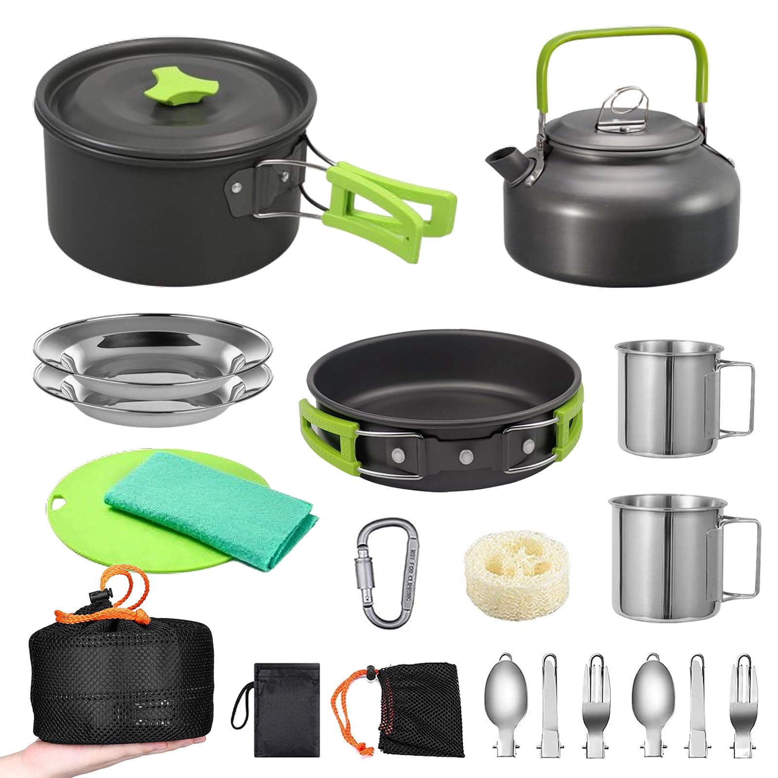 Camping Cookware Pots and Pans Set,Camping Cooking Gear Survival Gear Supplies,Compact Camp Kitchen Set,Stainless Steel Cups Saucers Forks Knives Spoons for Backpacking Picnic Hiking