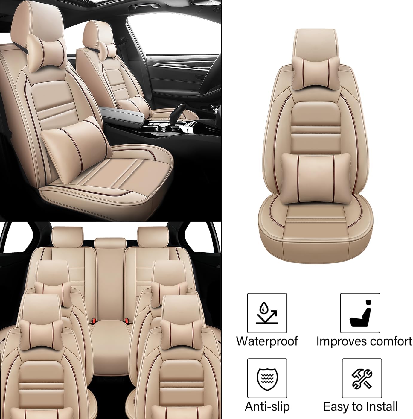 Leather Car Seat Covers Fit for Buick Enclave 2008-2023, Car Seat Cover 7 Seat, Non-Slip and Waterproof Full Set with Pillow Accessories (Beige)