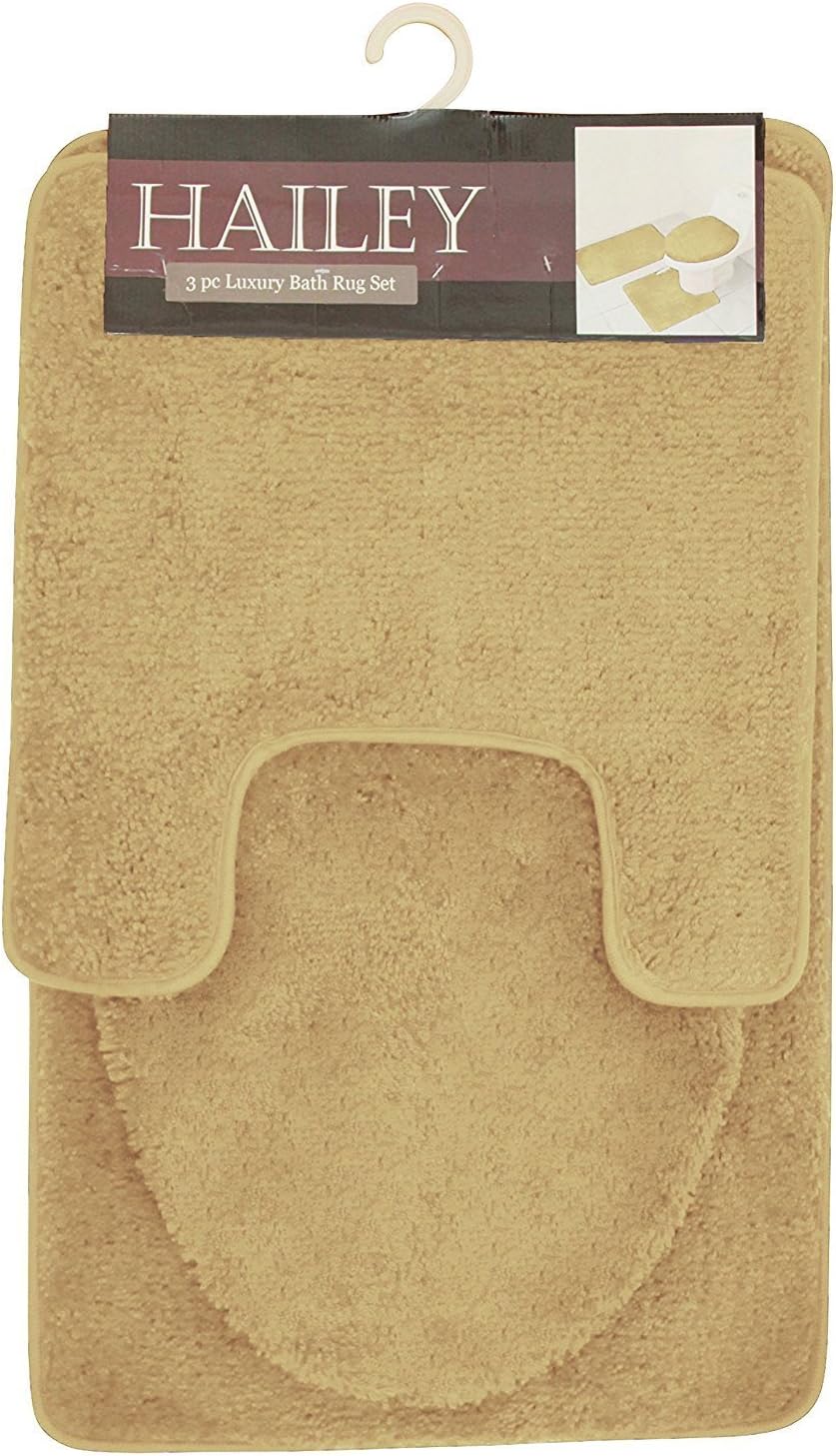 Kashi Home Hailey 3 Piece Bath Rug Set, Bath Mat, Contour Rug, Toilet Seat Lid Cover, Soft Pile, Water Absorbent Solid Color (Beige)