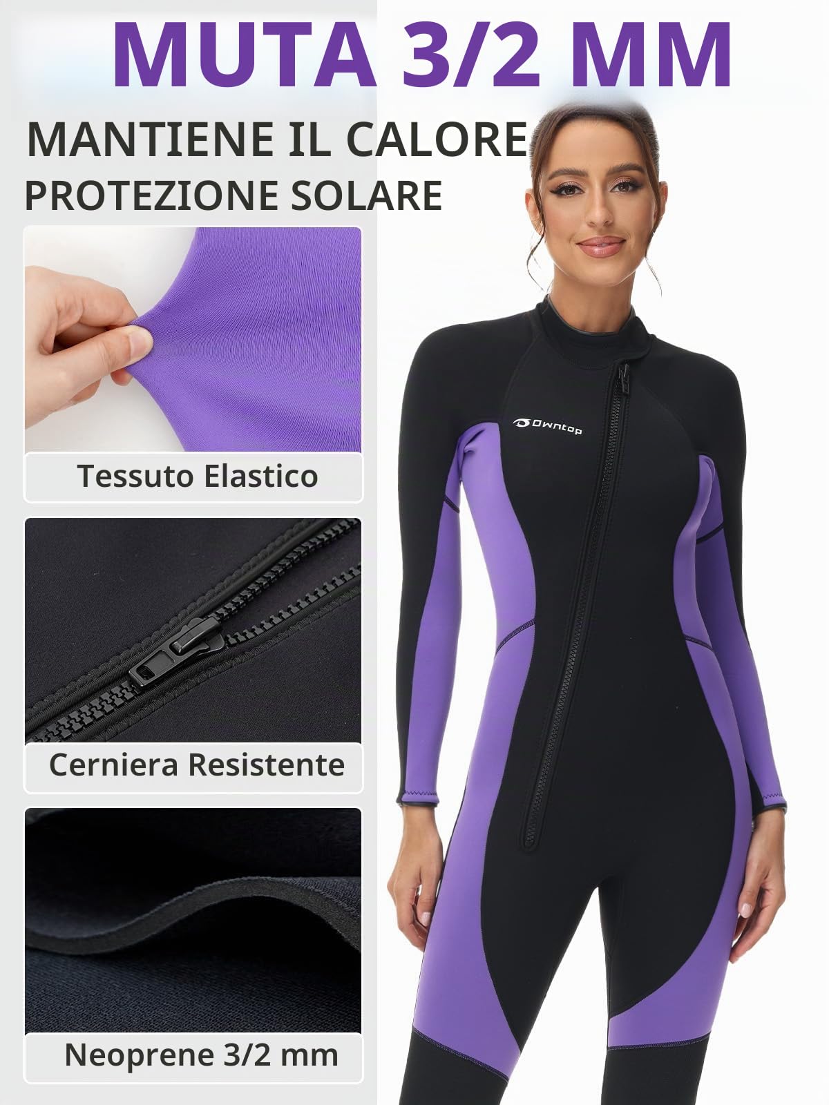 Owntop Muta da Donna 3/2mm - Muta da Sub Completa con Zip Frontale, Stretch Pro Neoprene Wetsuit Termica Lunghezza Completa per Surf Snorkeling, Donna Purple S