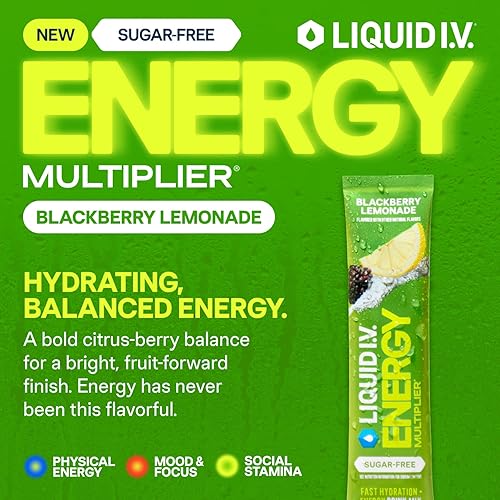 Miniatura 2 de Liquid I.V. Multiplicador de hidratación sin azúcar + energía, limonada de mora, mezcla de bebida en polvo con electrolitos, 1 paquete (14 porciones)