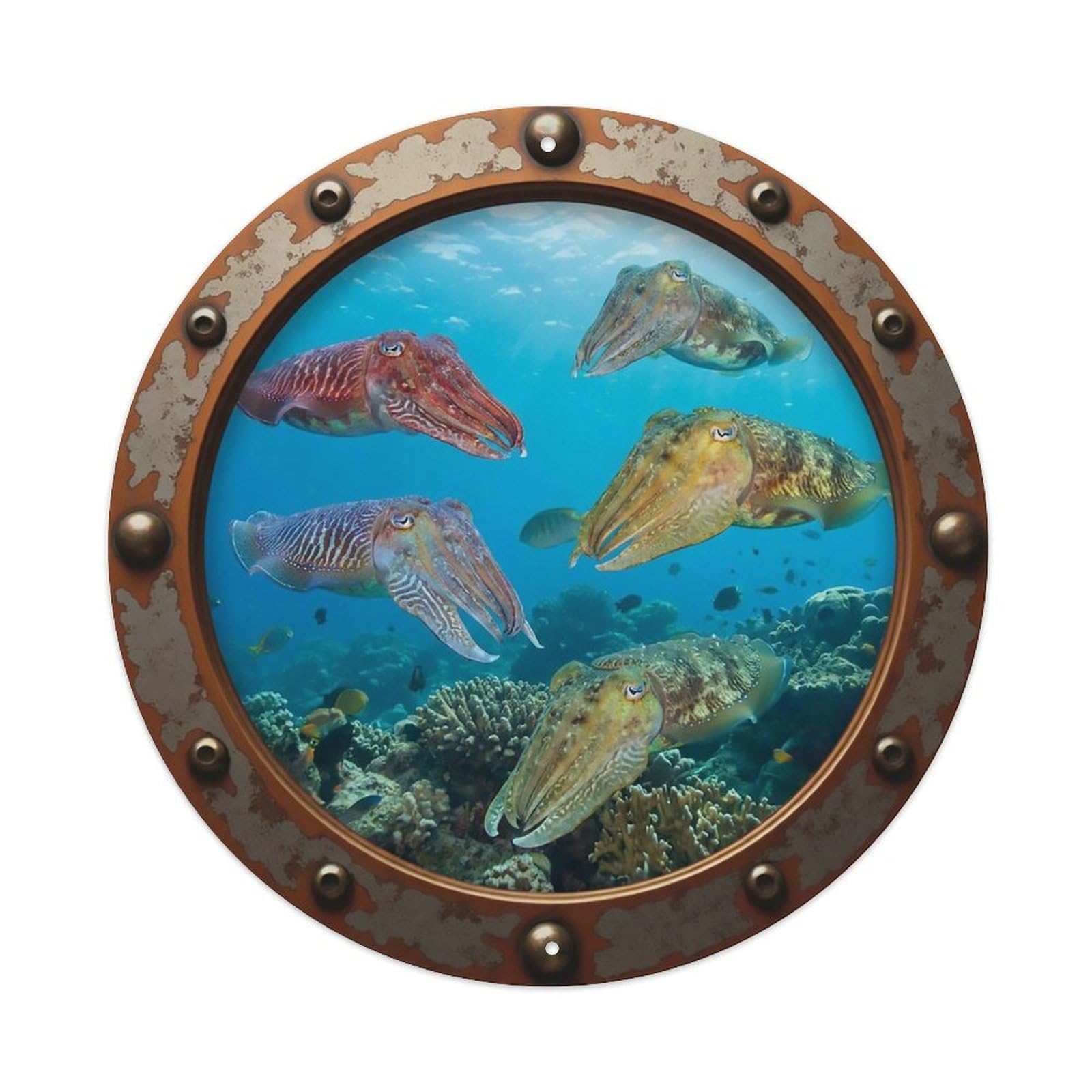 Vintage Porthole Cuttlefish Nautical Window View Metal Tin Sign