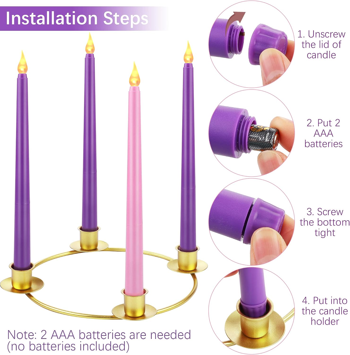 Fovths Christmas Advent Wreath Candle Holder with 4 LED Flameless Taper Candles Advent Candle Holder Ring Christmas Centerpiece Decor for X-mas Holiday Party Decor (Battery not Included)