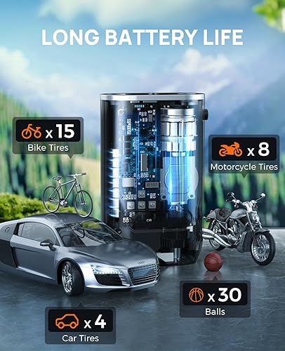 Miniatura 9 de Compresor de aire portátil para inflador de neumáticos, bomba de aire inalámbrica de 150 PSI para neumáticos de automóvil con manómetro de luz LED,