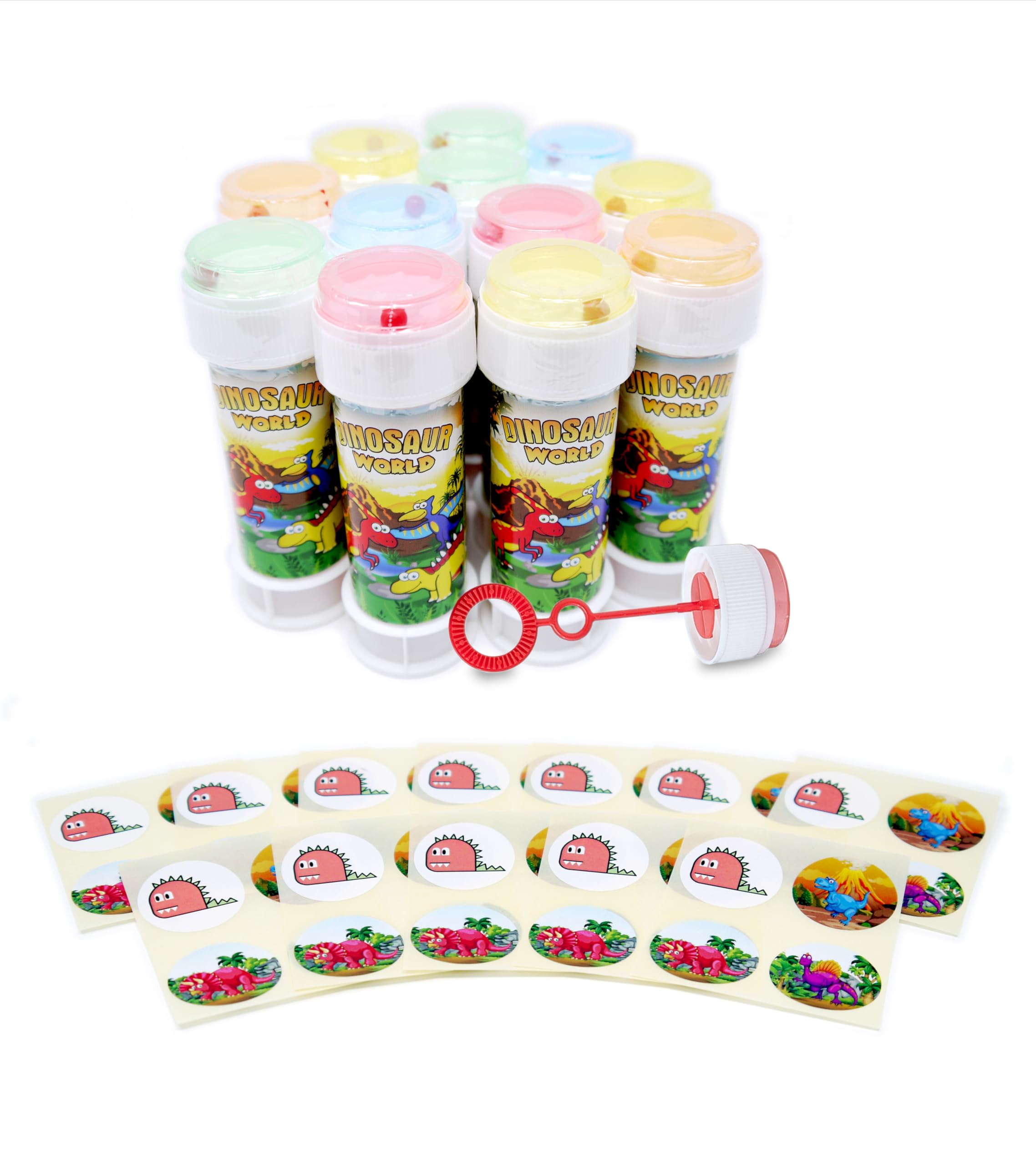 Anila's Themed Bubble Tubs with Wand & Stickers for Party Bag Fillers and Party Favours for Children -6 Dinosaur Bubble Tubs & 6 Sheets of Anila's Dinosaur Stickers. (Ideal for Children Aged 3-8)