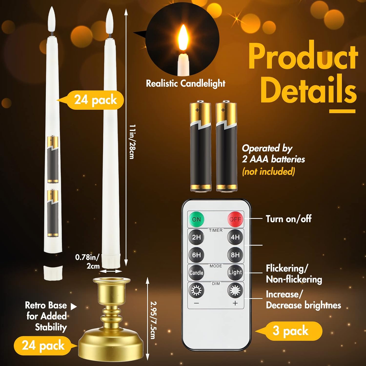 Fumete 24 Pack Flameless Taper Candles with Remote Control and Timer Flickering LED Taper Candles Realistic 3D Flame LED Window with Base Holiday Wedding Home Decor(White)