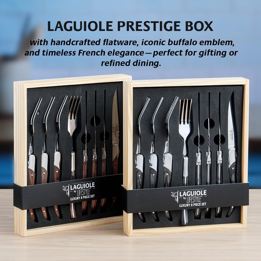 Laguiole 8-Piece Steak Knife and Fork Set – Black Pakka Wood Handle, Premium Stainless Steel Flatware – Elegant Cutlery Set for Dining, Gift-Ready Box Included