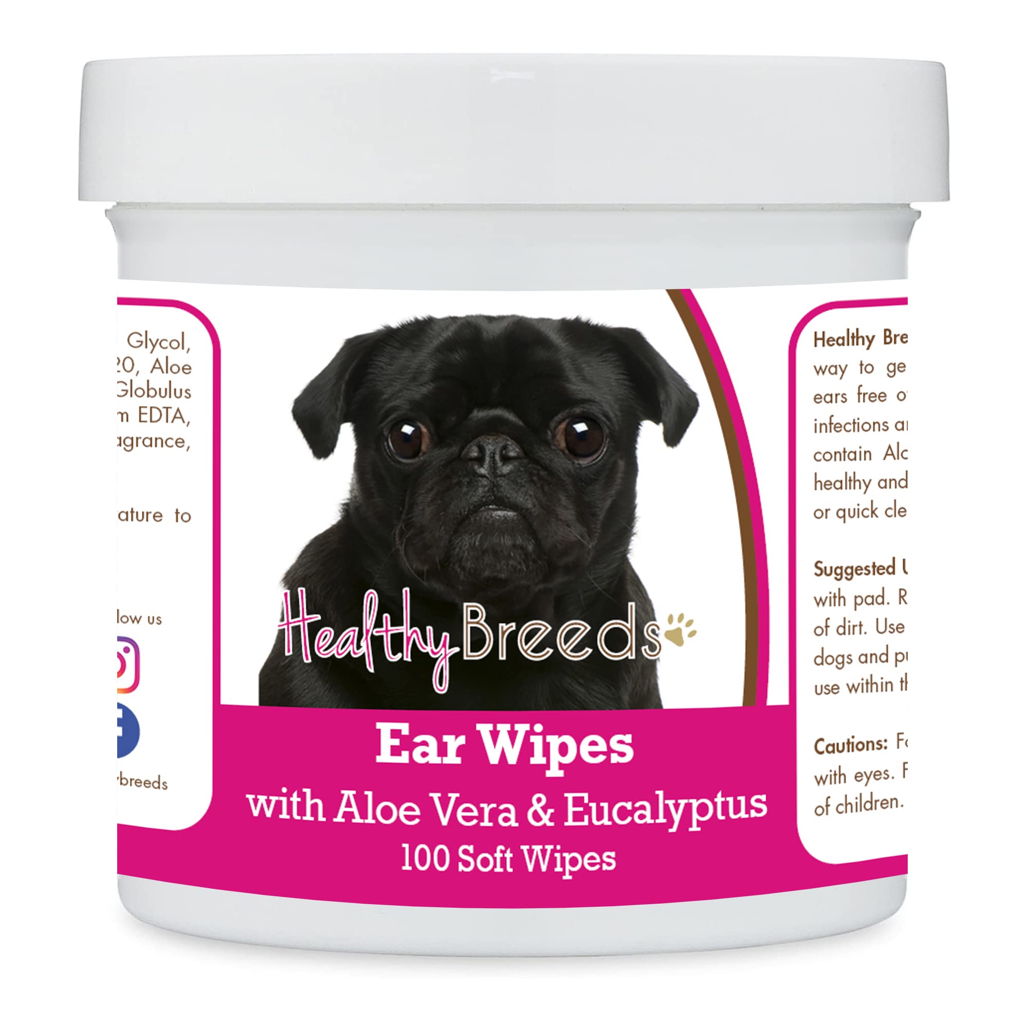Healthy Breeds Pug, Black, Ear Cleaning Wipes with Aloe &amp; Eucalyptus for Dogs 100 Count