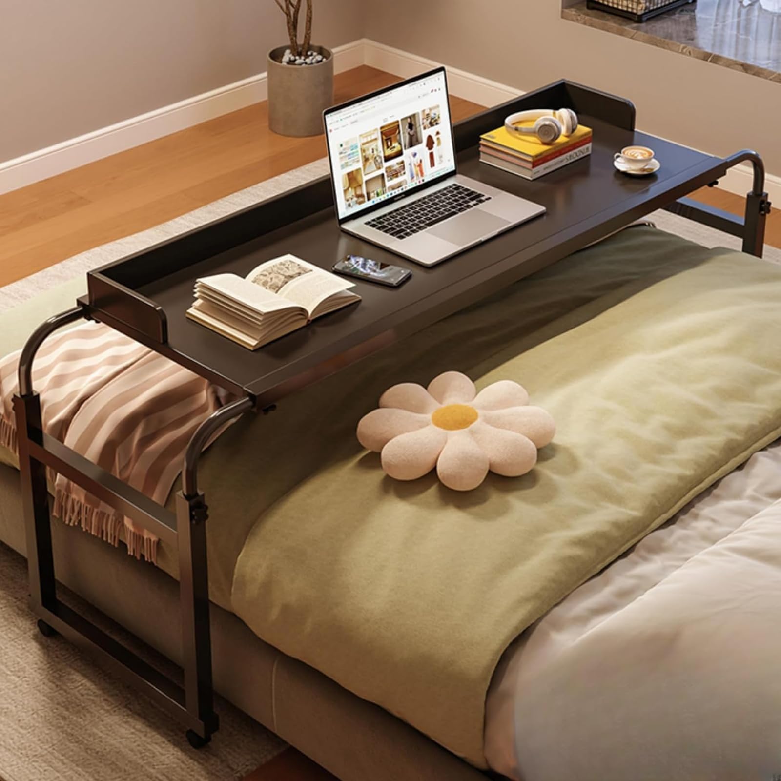 Overbed Table With Wheels, Rolling Desk Over Bed Adjustable Height Mobile Standing Laptop Table Over Bed King Queen With Headphone Hook Solid Wood Material For Home - View #3