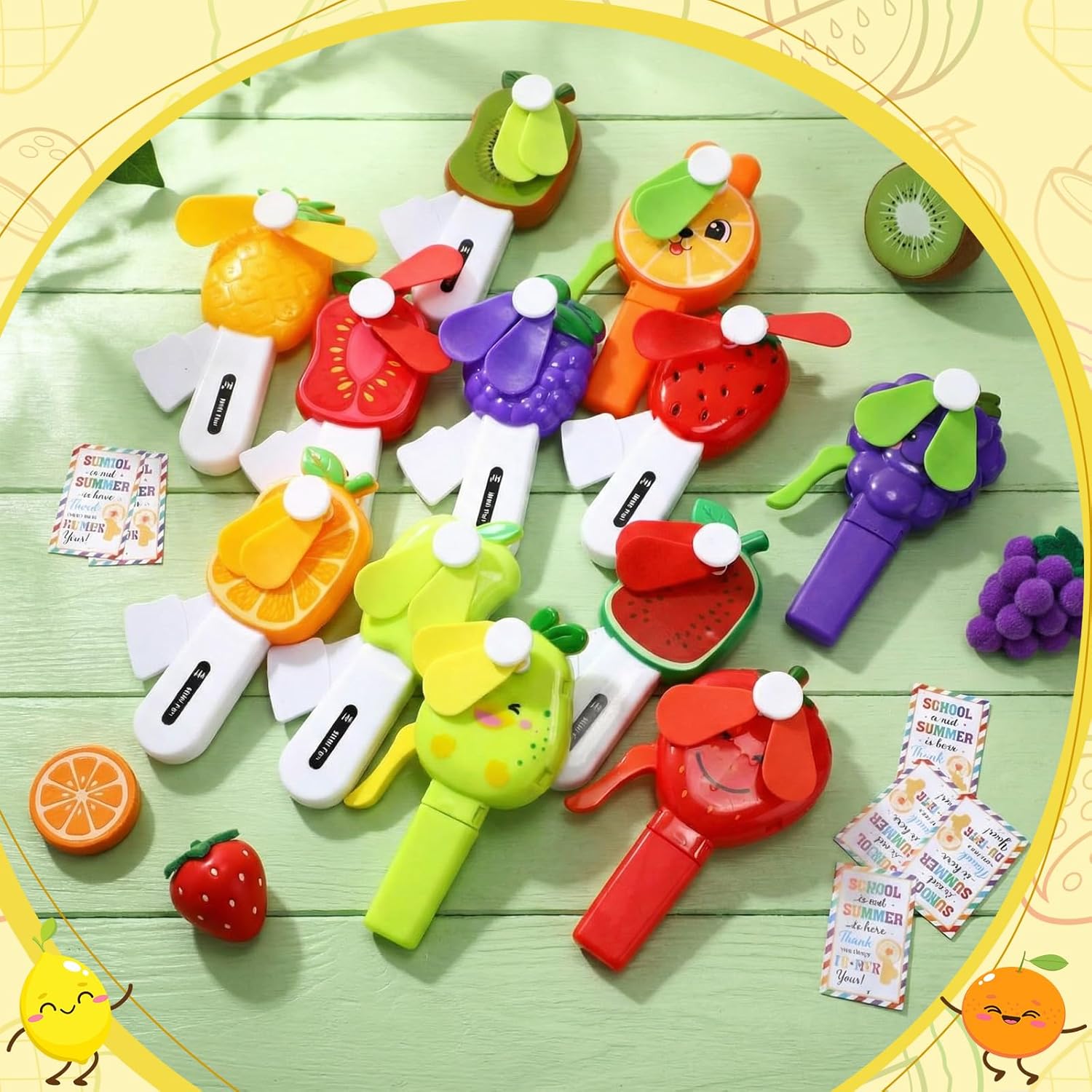 Glooglitter 24 Pack Mini Portable Fans with Cards Gifts Cute Fruits Handheld Press Cooling Fans for Summer Graduation End of the Year Pool Birthday Party Outdoor Activity Prize Exchange