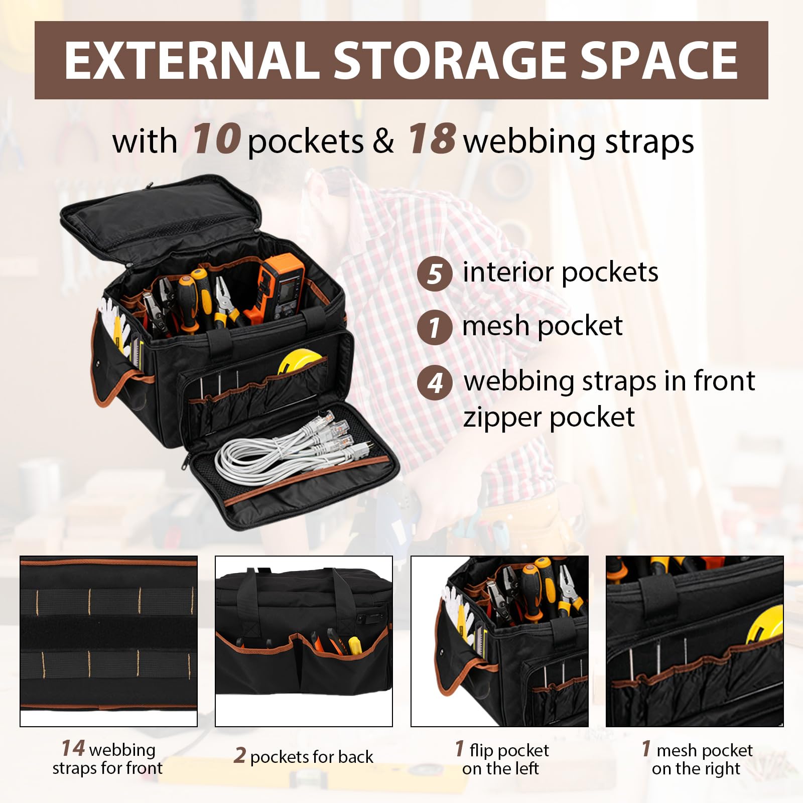 Bolsa de herramientas para electricista de 17 pulgadas, bolsa de herramientas con múltiples bolsillos, tela Oxford resistente con costuras reforzadas, correa de hombro ajustable, para
