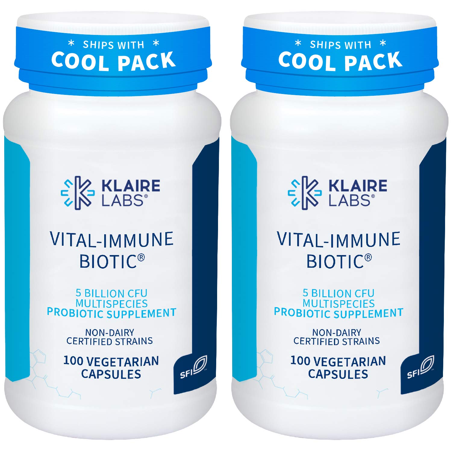 Klaire Labs Vital-Immune Biotic - Immune System Support Probiotic 5 Billion CFU with Lactobacillus & Bifidobacterium for Men & Women, Hypoallergenic & Dairy-Free (100 Capsules, 2 Pack)