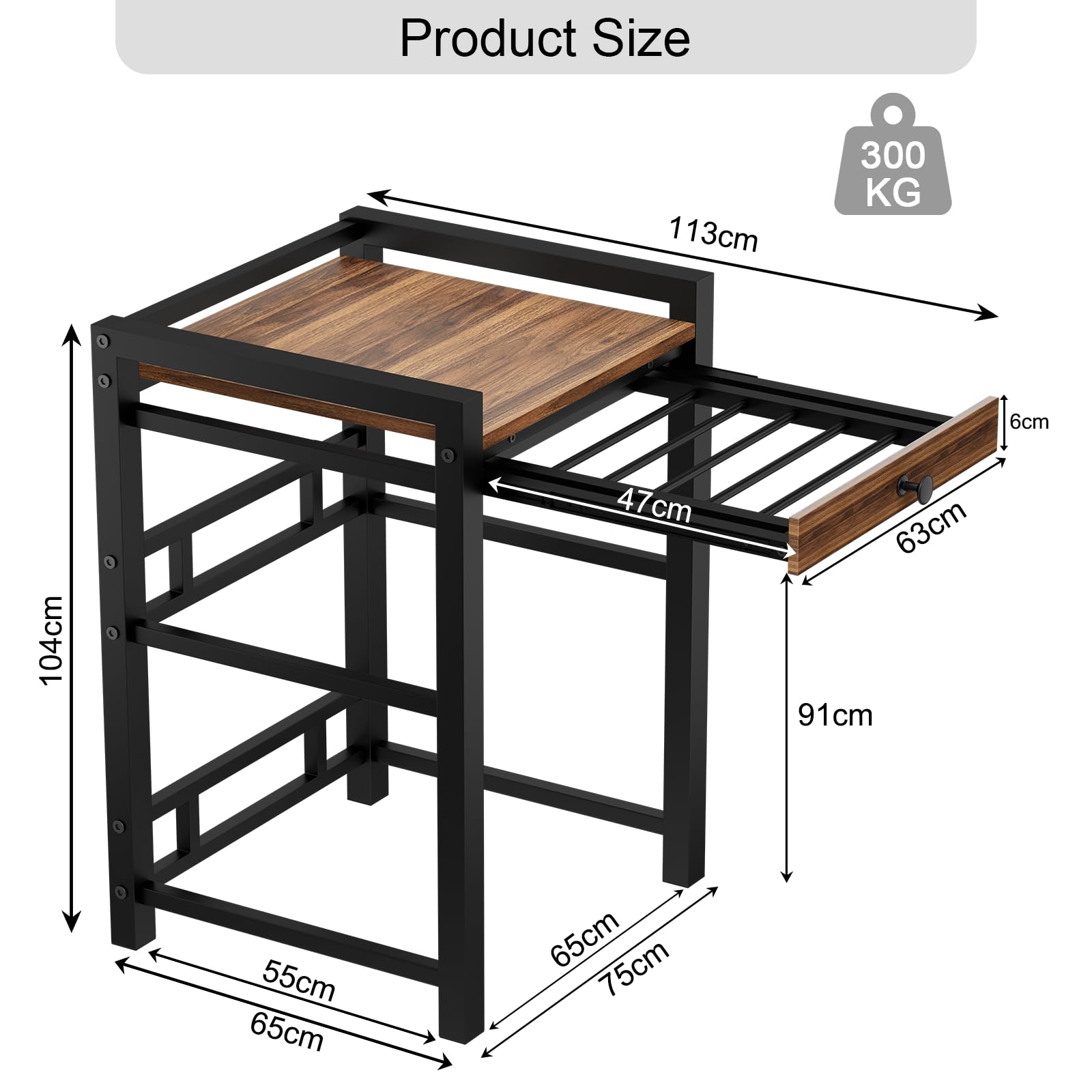 Waschmaschine Regal 300 kg Belastbar, Waschmaschine und Trockner übereinander, Schwarz mit Schubladen