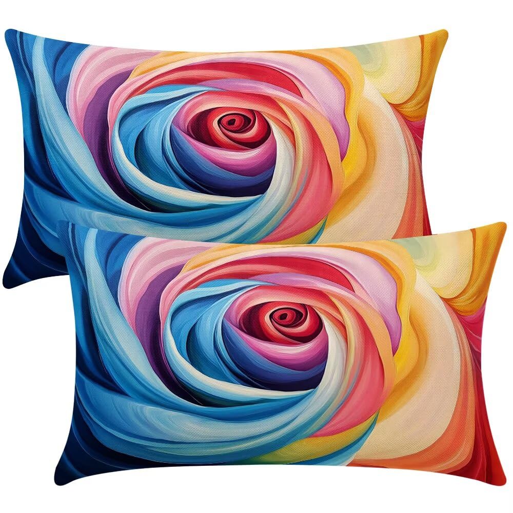 Cushion Covers 35cm x 55cm Flowers Cushion Cover 14 x 22 Inches Pack of 2 Throw Pillow Covers Rose Sofa Cushions Polyester Linen Decorative Pillowcases for Couch Living Room Bedroom Home Decor -SC359