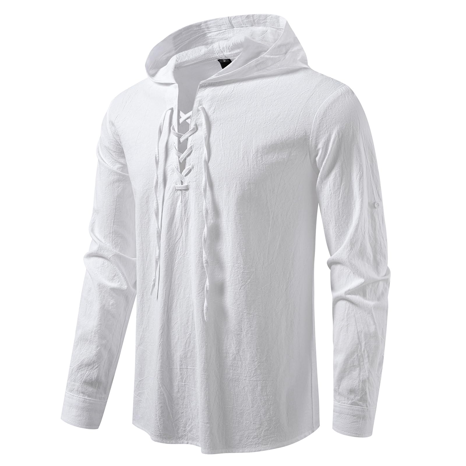 MakingDa Lace Up Hooded Shirt Men Medieval Viking Tunic Costume Cotton Pirate LARP Tops Loose Fit Long Sleeve Steampunk Renaissance Victorian-White-S