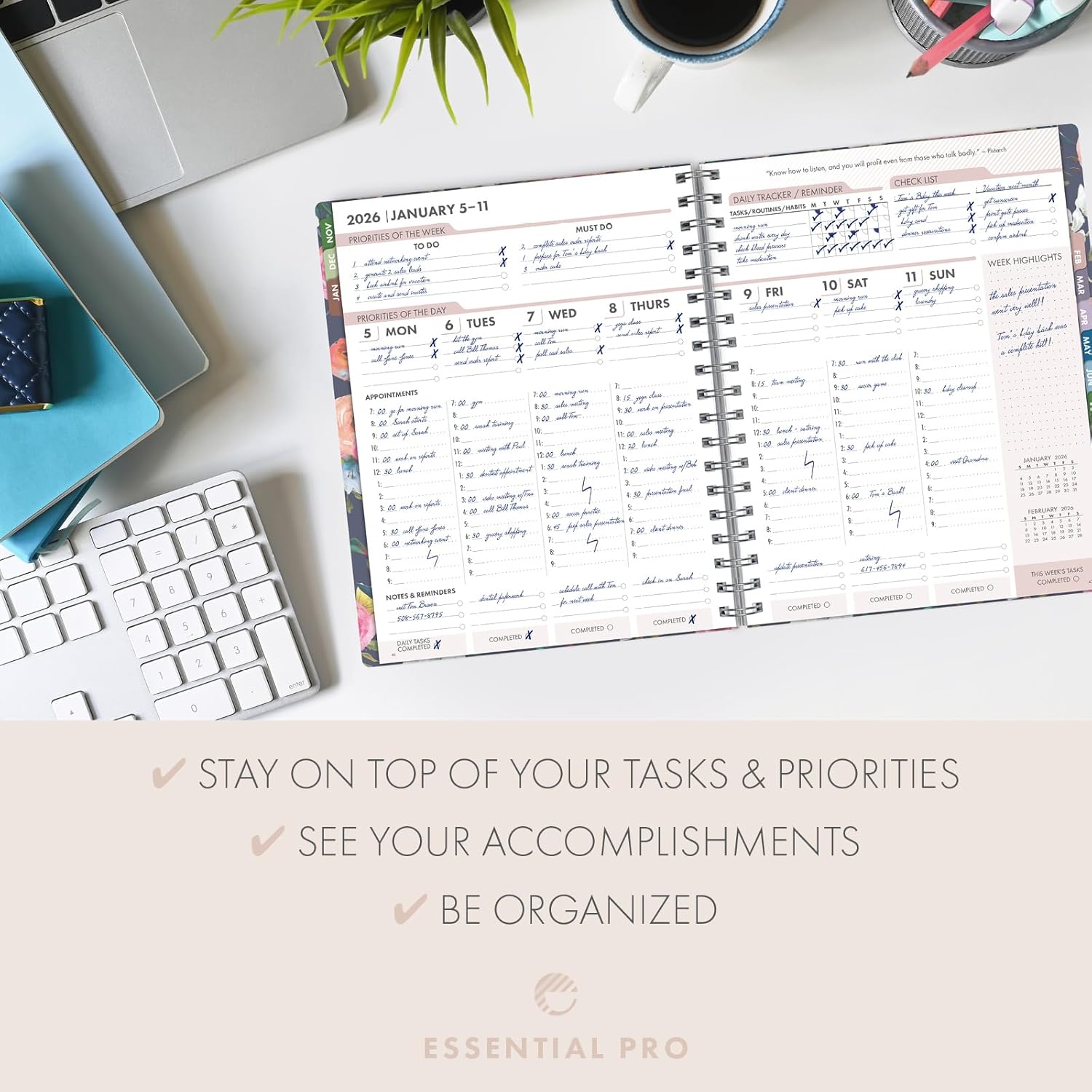 Essential PRO 2026 Daily, Weekly & Monthly Planner, 7"x9": 14 Months (Nov 2025 - Dec 2026) Monthly Tabs,Daily Tracking,Notes Pages,Storage Pocket,Bookmark w Sticky Notes (Small Navy Floral)
