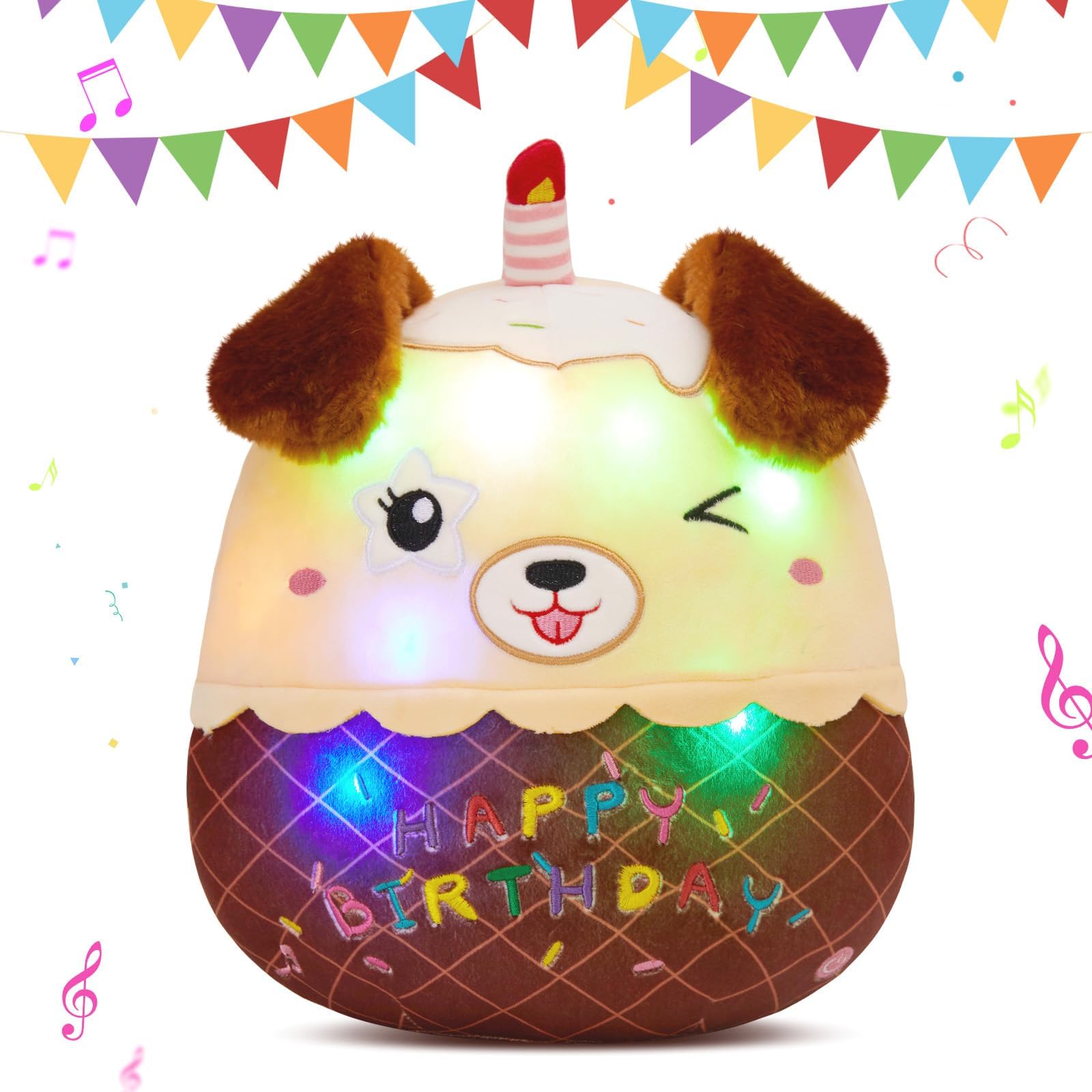 Light Up Music Dog Birthday Cake Plush Puppy Stuffed Animals Original Wink Dog Plushie with Colorful LED Lights Glowing Singing Happy Birthday Gift for Girl Boy 14"
