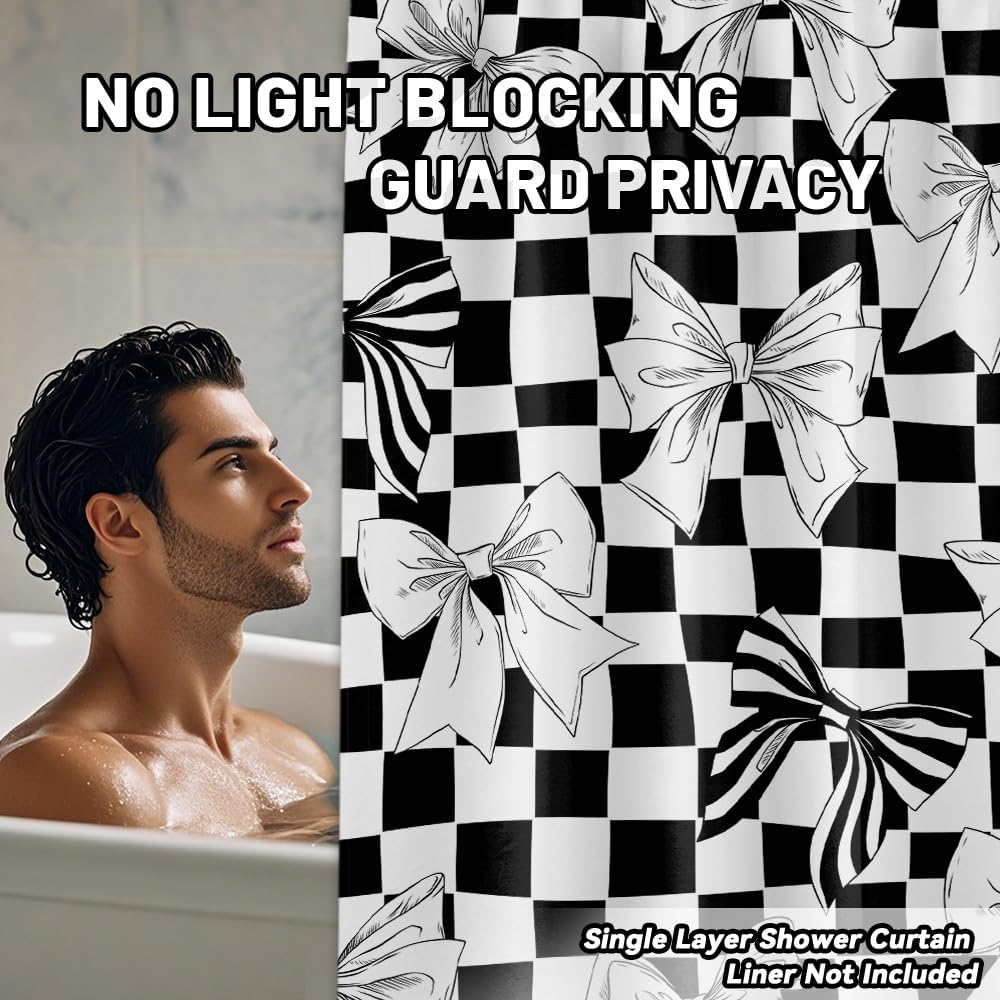 Black and White Checkered Shower Curtain Groovy Funky Bow Cute Bathroom Decor, Waterproof Cloth Fabric with Hooks 70" W x 72" L