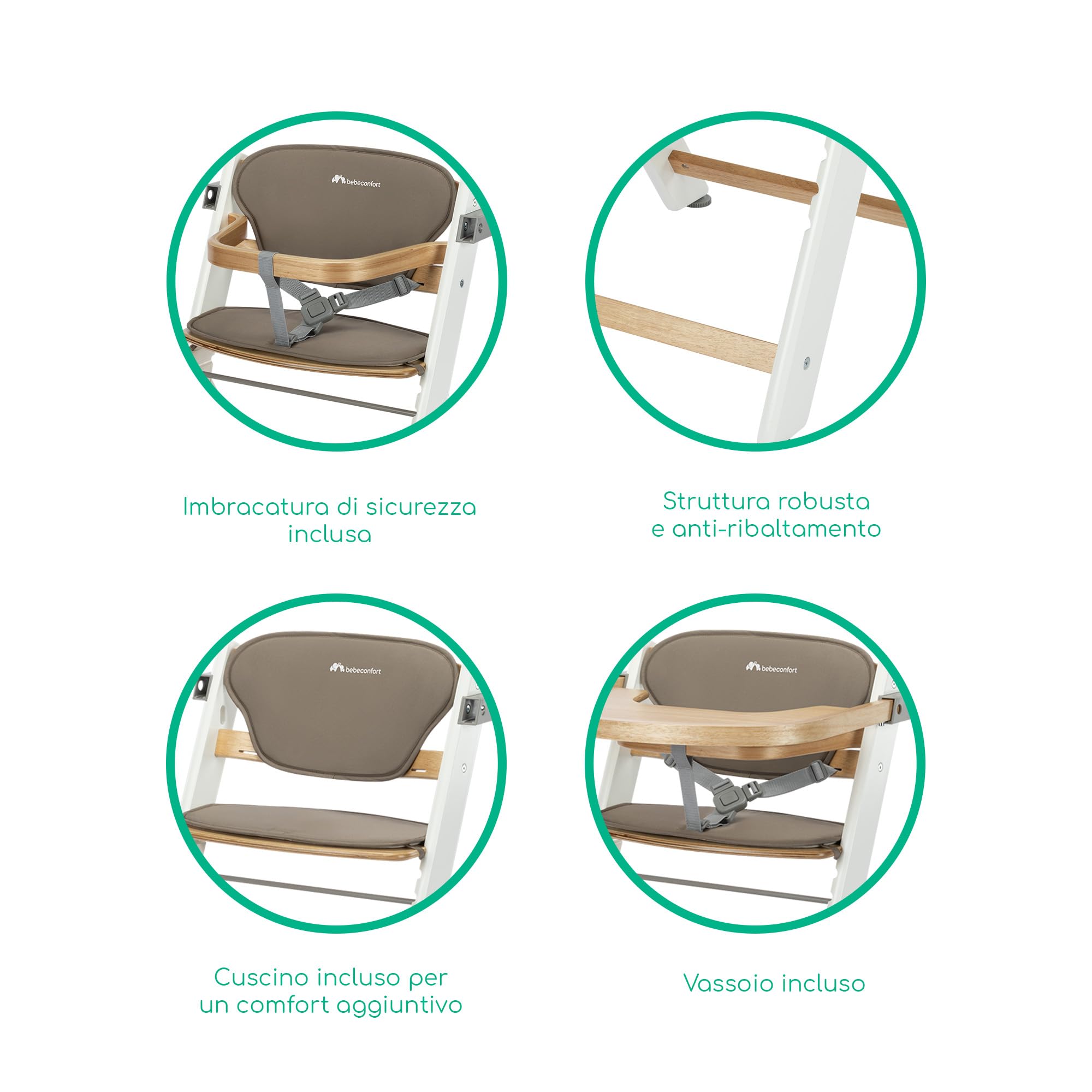 Bebeconfort Timba 2 con Cuscino, Seggiolone Pappa Evolutivo in Legno, 6+ Mesi, Fino a 110 kg, Sedia Evolutiva Ergonomica, Regolabile in Altezza, Vassoio Amovibile, Natural Wood + Cuscino