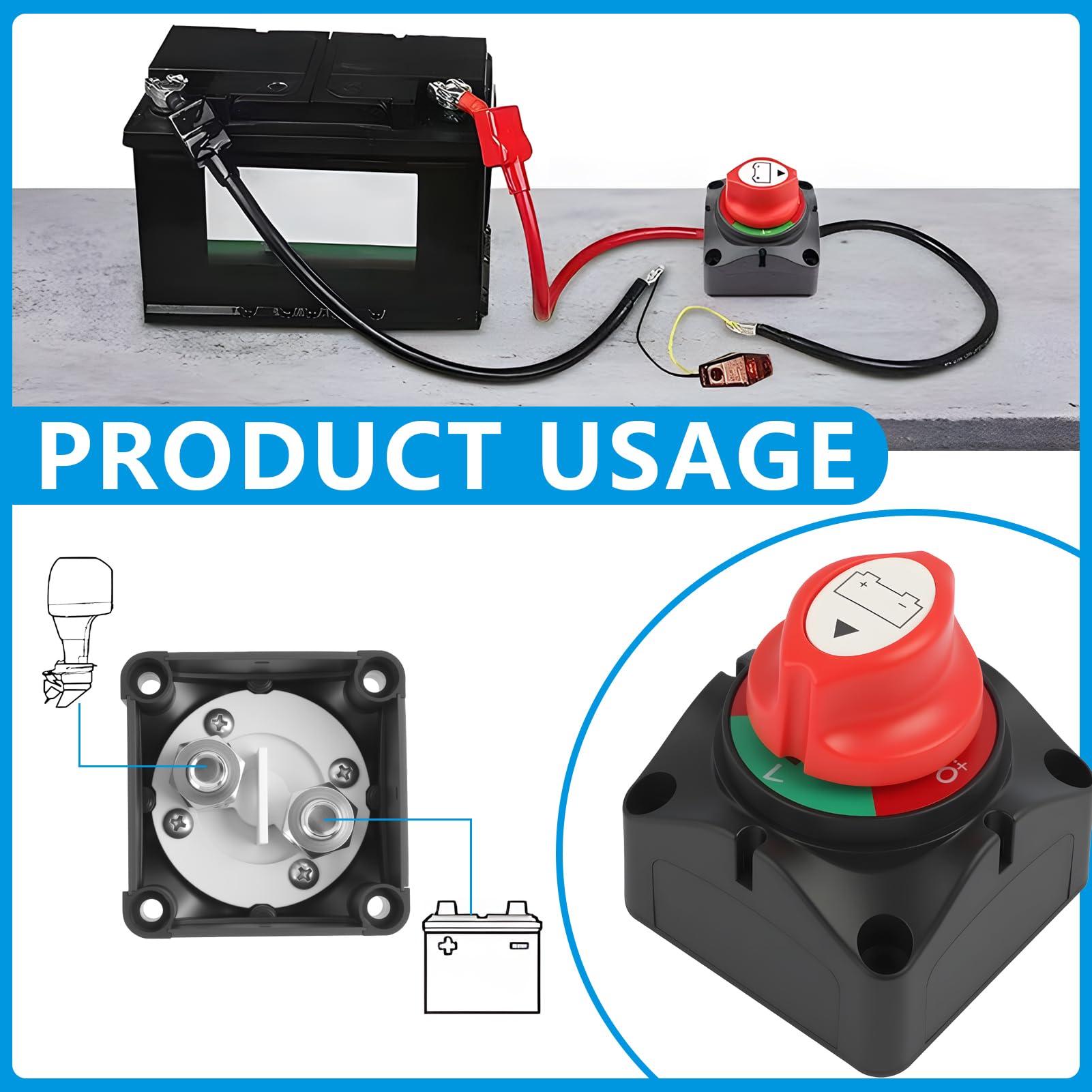 Interrupteur de Déconnexion de Batterie 12V-24V, Coupe Circuit Batterie 12V avec Capacité de 300A, Isolateur Interrupteur de Batterie pour Voitures, Motos, Bateaux et Camions, Sécurité et Durabilité