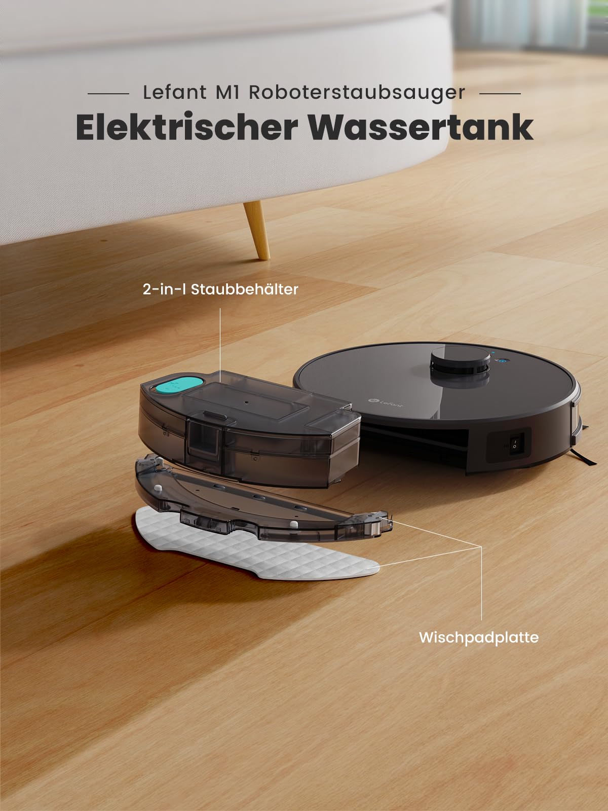 Lefant M1 Staubsauger Roboter mit 8 No-Go-Zonen, Laser Navigation, Saugroboter mit Wischfunktion Selbstaufladend 5500Pa, für Tierhaare und Hartböden, App-/Alexa-Steuerung