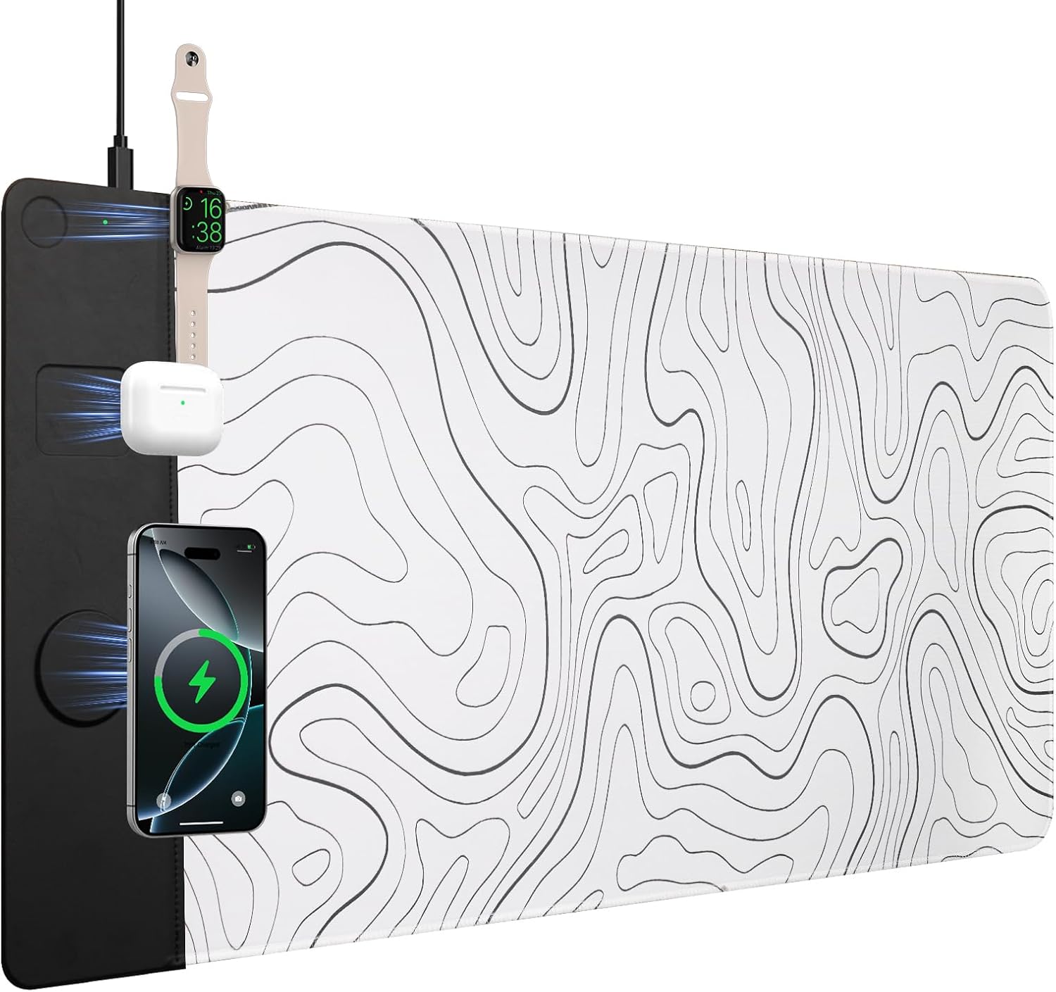 VOVIPO 3 in 1 Wireless Charging Mouse Pad, Desk Mat with Wireless Charger Multiple Devices Compitable with Watch/iPhone, White Topographic Large Desk Mat(90 x 40cm) for MacBook, PC, Laptop