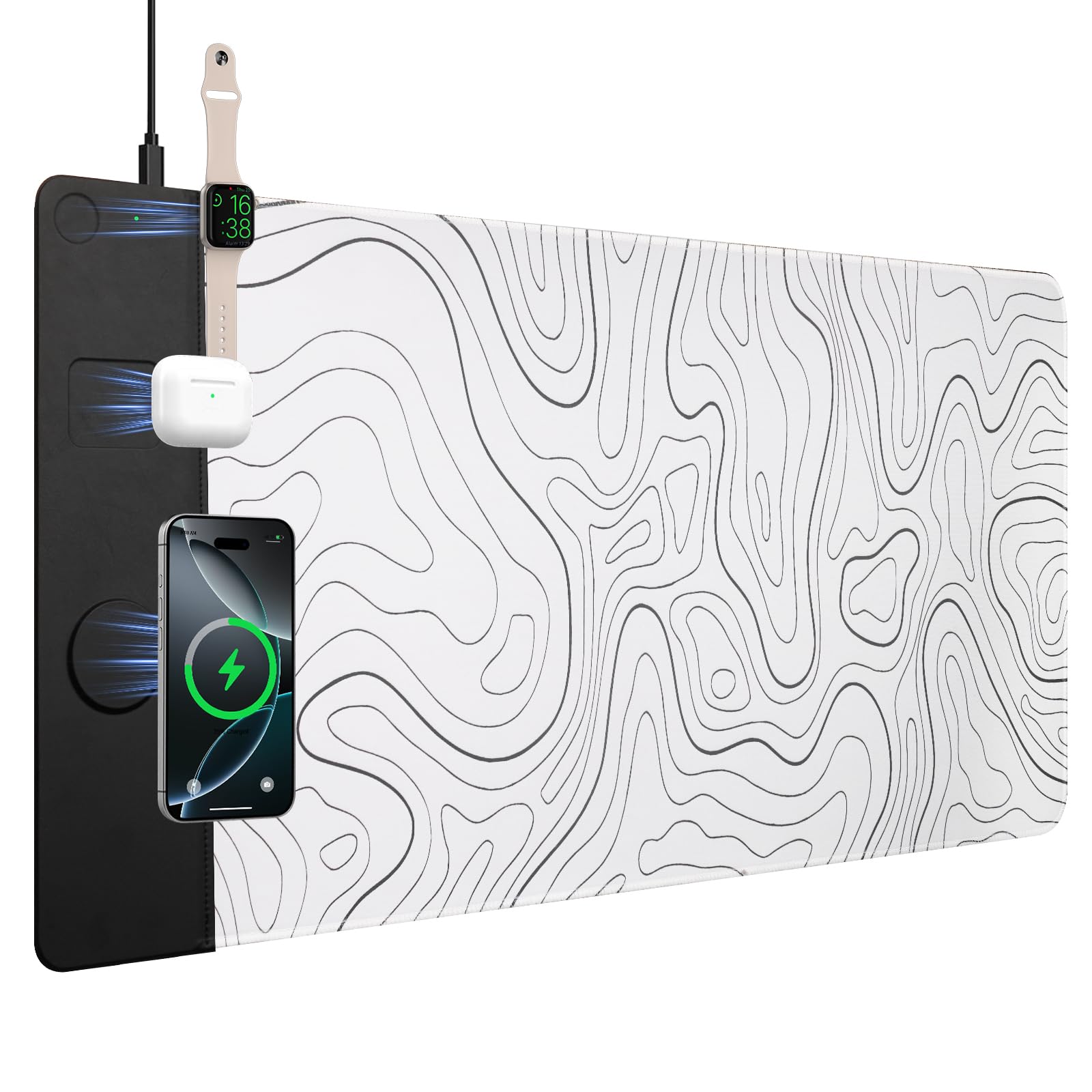 VOVIPO Tappetino per Mouse con Ricarica Wireless 3 in 1, Sottomano da Scrivania con Caricabatterie Wireless Compatibile con Più Dispositivi con Orologio/iPhone, Grande Sottomano da Scrivania