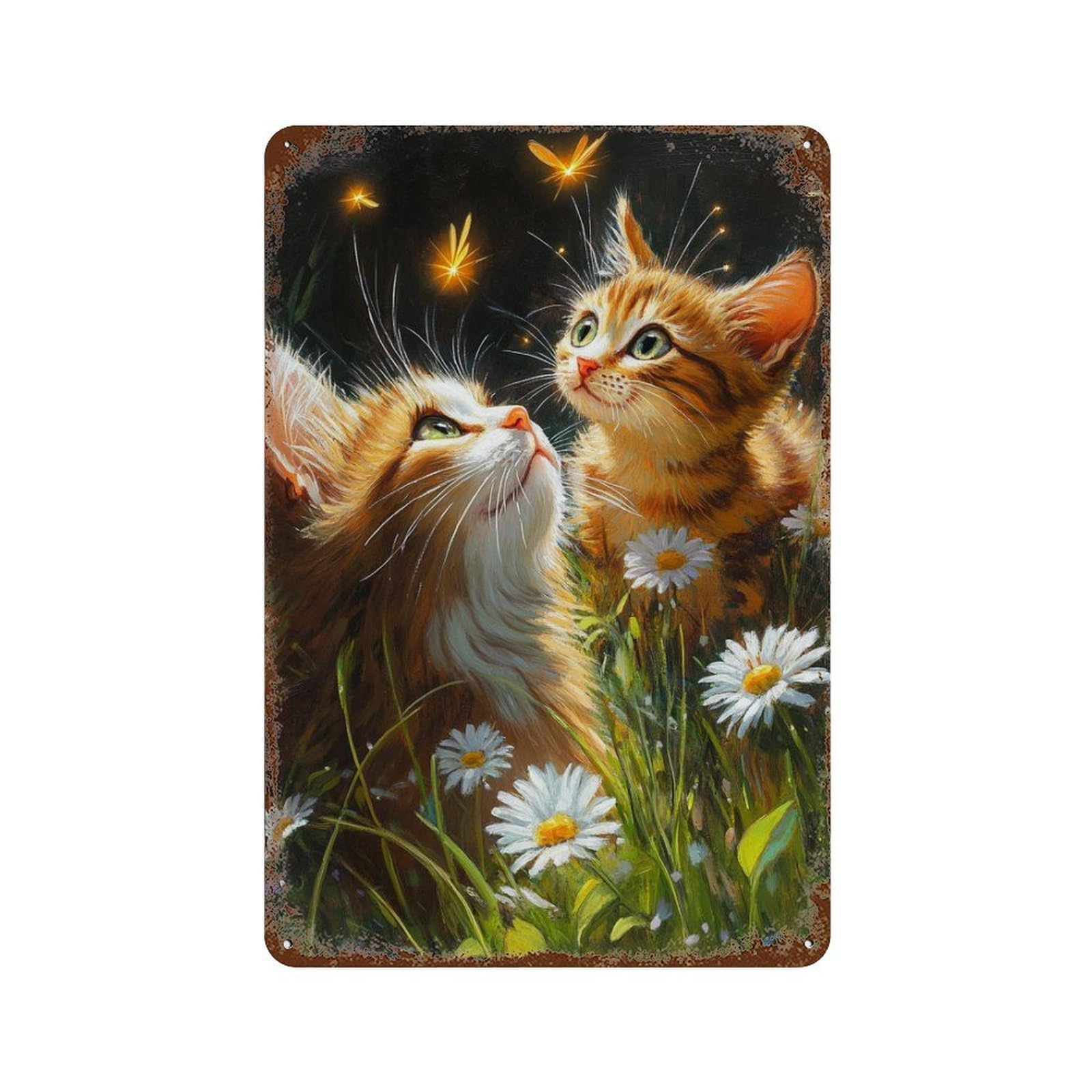 Glowing Fireflies And Kittens 11.8"x7.9" Aged Metal Wall Plaque, Vintage Wall Decor for Basement, Hobby Room And Garage Decor