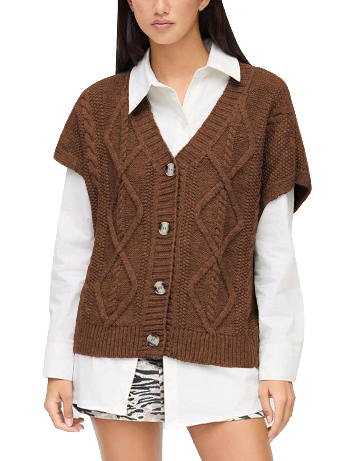Womens Cable Knit Short Sleeve Vest Cardigan V Neck Button Down Sweater Vests