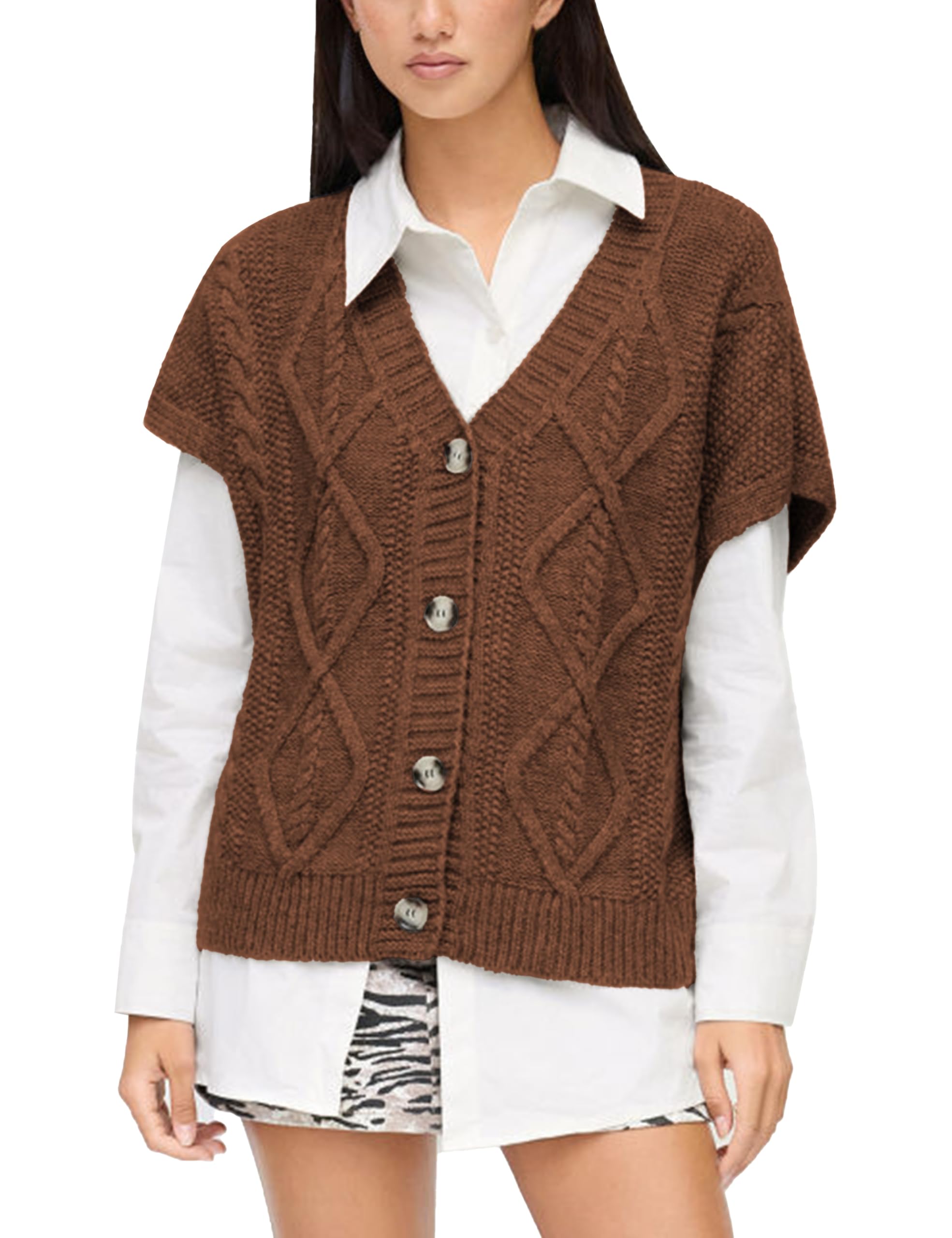 Womens Cable Knit Short Sleeve Vest Cardigan V Neck Button Down Sweater Vests