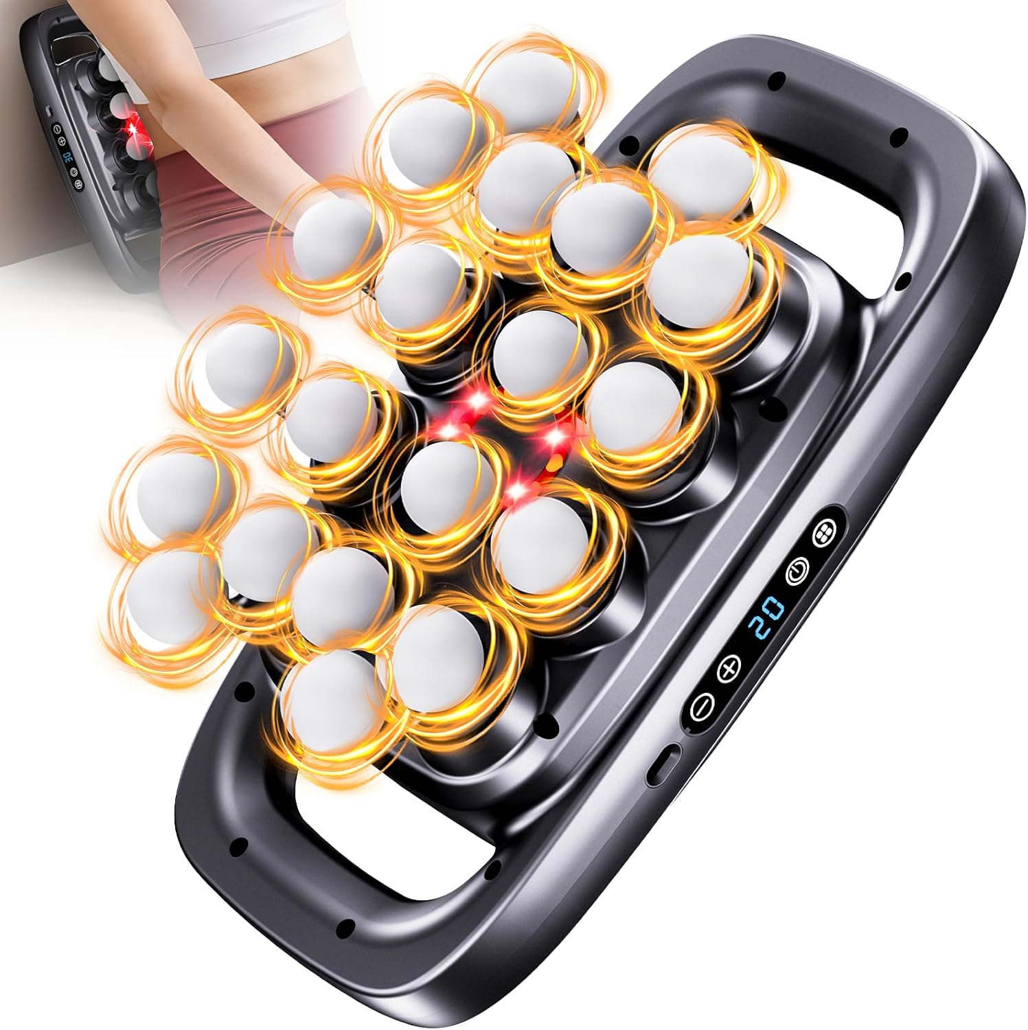 Massage Gun with Red Light – Deep Tissue Massager with 3 Modes & 30 Speeds for Muscle Relaxation on Back, Waist, Thigh – Olubfd (20 Head Massage Gun)