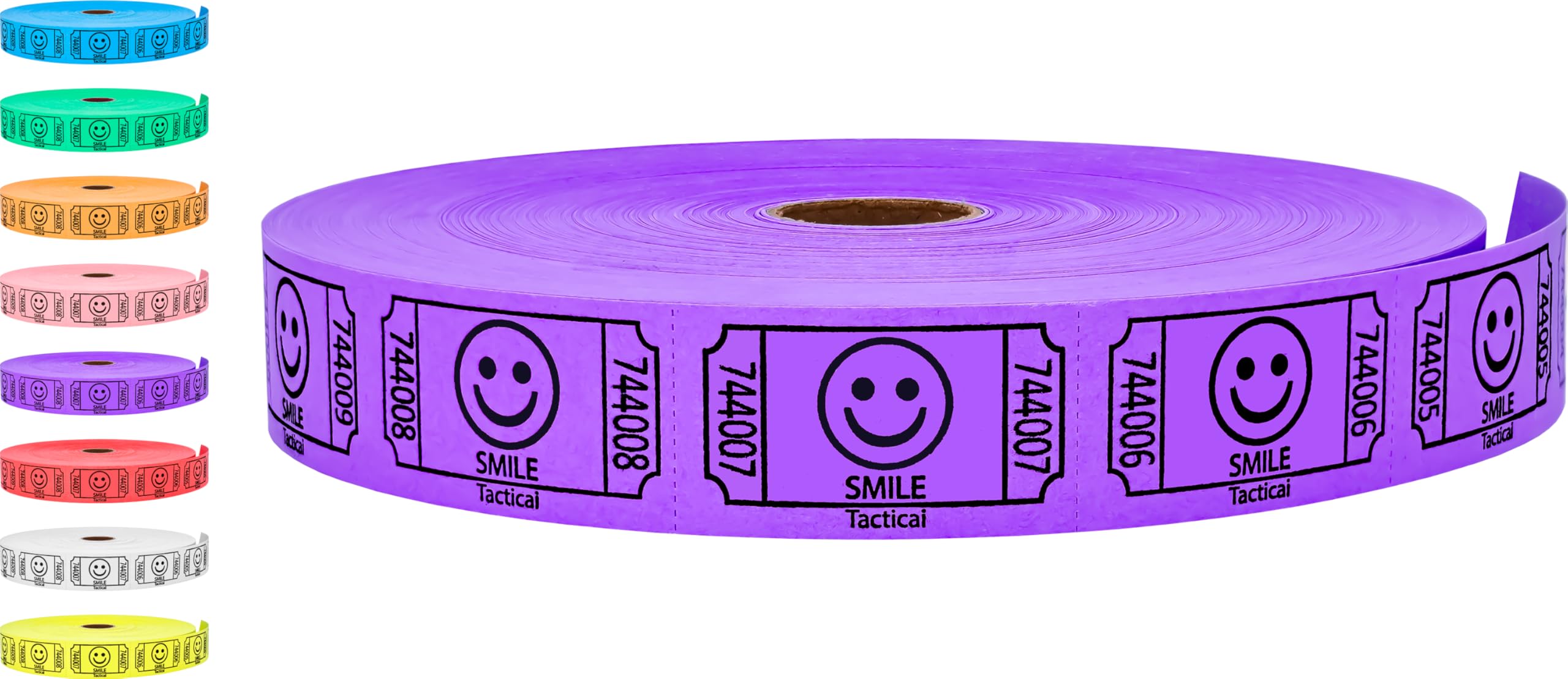 2000 Tacticai Raffle Tickets, Smile, Purple (8 Color Selection), Single Roll, Ticket for Events, Entry, Class Reward, Fundraiser & Prizes
