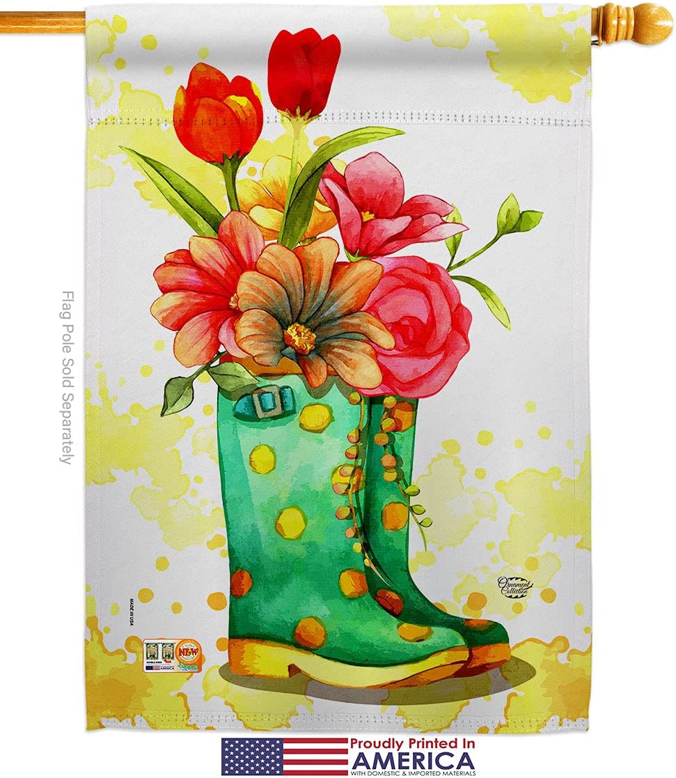 Spring Boots House Flag Garden Floral Sunflower Tulip Rose Orchid Lilies Season Springtime Flower Wreath Small Decorative Gift Yard Banner Made In USA 28 X 40