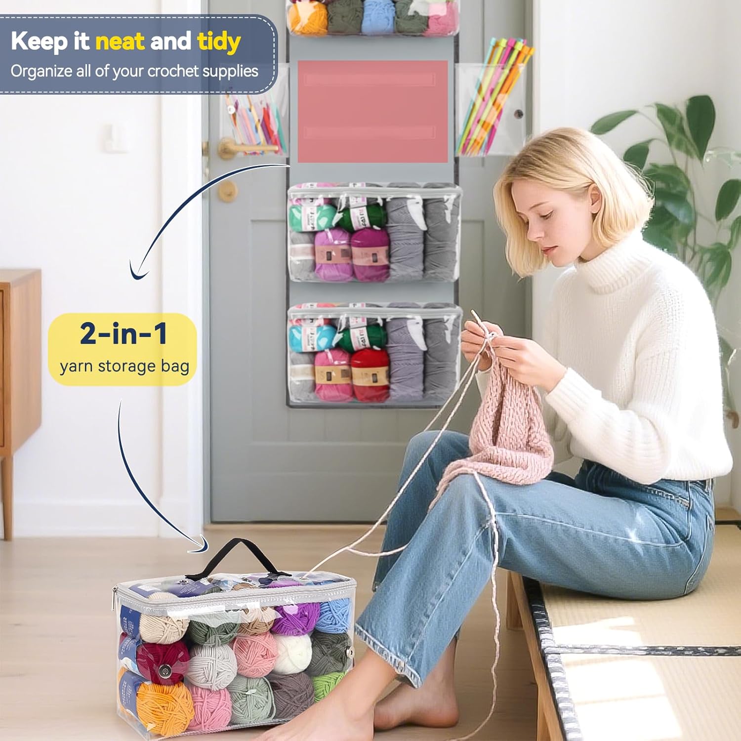Katech Hanging Yarn Storage Organizer, Over The Door Storage w/Large Capacity Knitting Bag, Yarn Organizers with 6 Zipper Closure Compartments & Detachable Crochet Bag for Yarns Enthusiasts