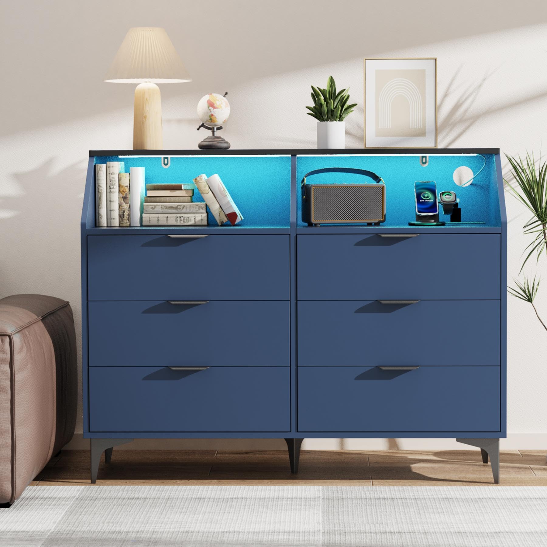 LOUVIXA 6 Drawer Dresser with LED Light, Chest of Drawers with Charging Station, Large Double Dressers, Wooden Dressers for Bedroom, Living Room, Entryway, Hallway (Blue) : Home & Kitchen