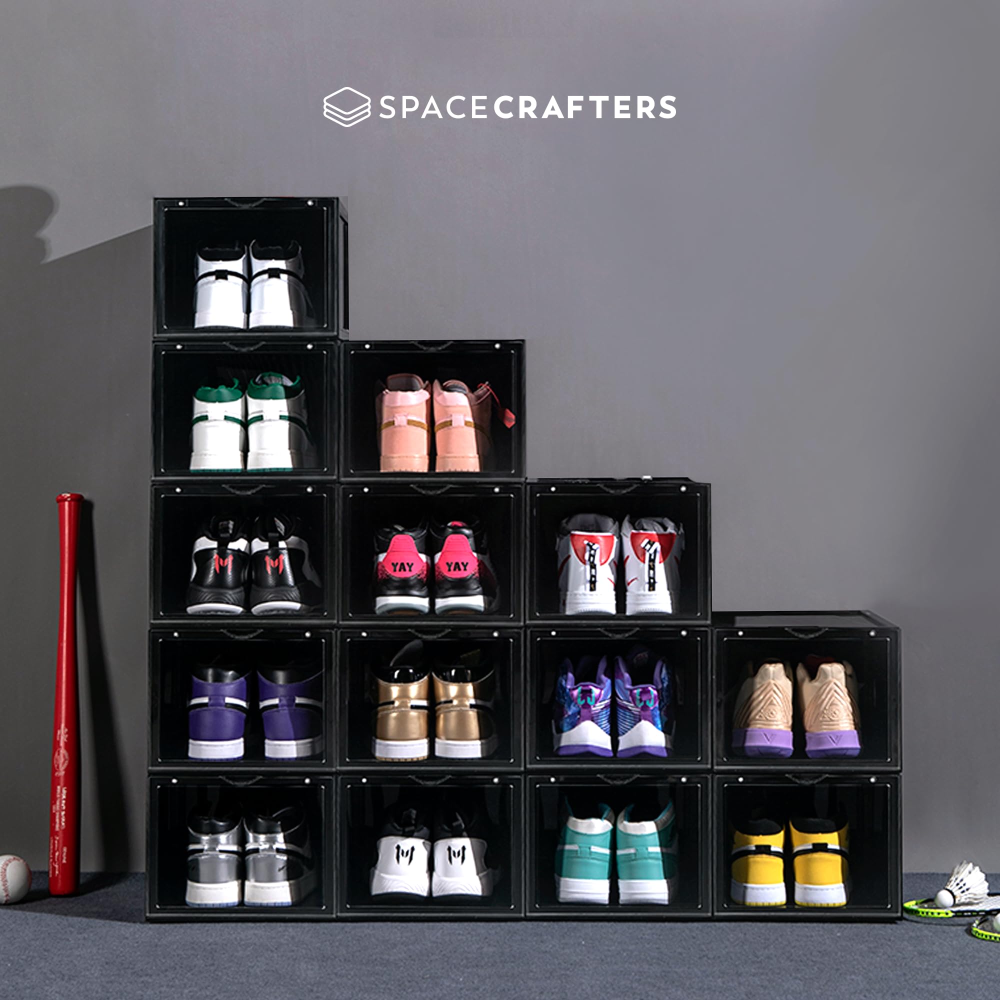 SPACECRAFTERS® Shoe Boxes Clear Plastic Stackable with Magnetic Door, Foldable Shoe Organizer, Shoe Storage Organizer with Lid, Clear Shoe Storage Boxes Stackable, Sneaker Storage, Shoe Boxes, 12 Pack