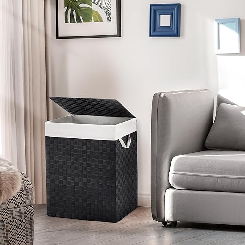 Miniatura 6 de YOUDENOVA Cesta de lavandería tejida a mano con bolsa extraíble y tapa, cesta de ropa plegable con asa, color negro
