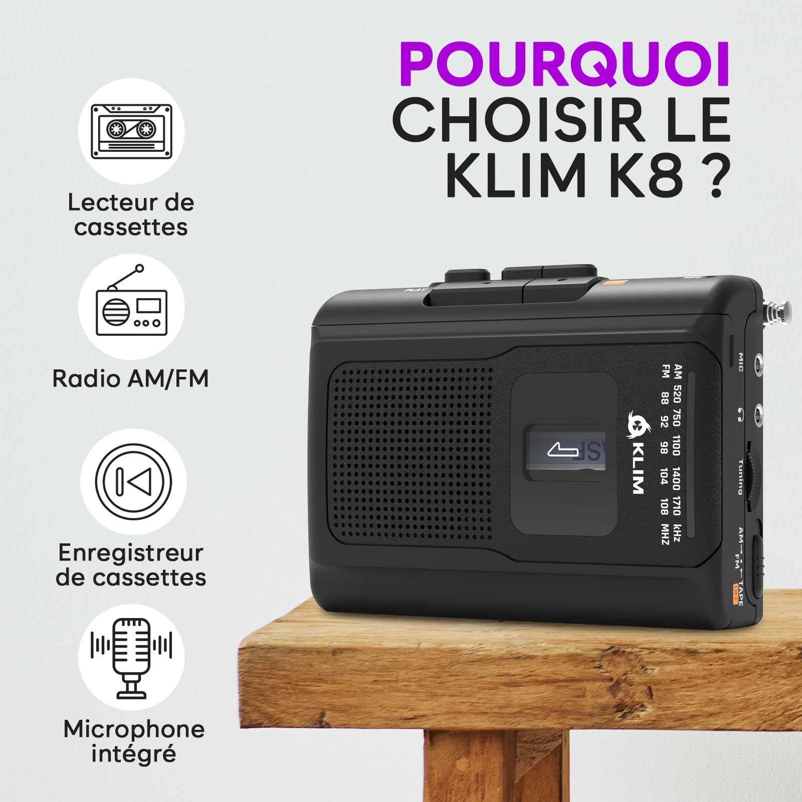 KLIM K8 Lecteur Cassette Audio avec Un Casque Fusion - Enregistreur Cassette - Nouveau Player - Radio AM/FM - Microphone et Haut-Parleur Intégrés - Prise Casque et Écouteurs - Noir