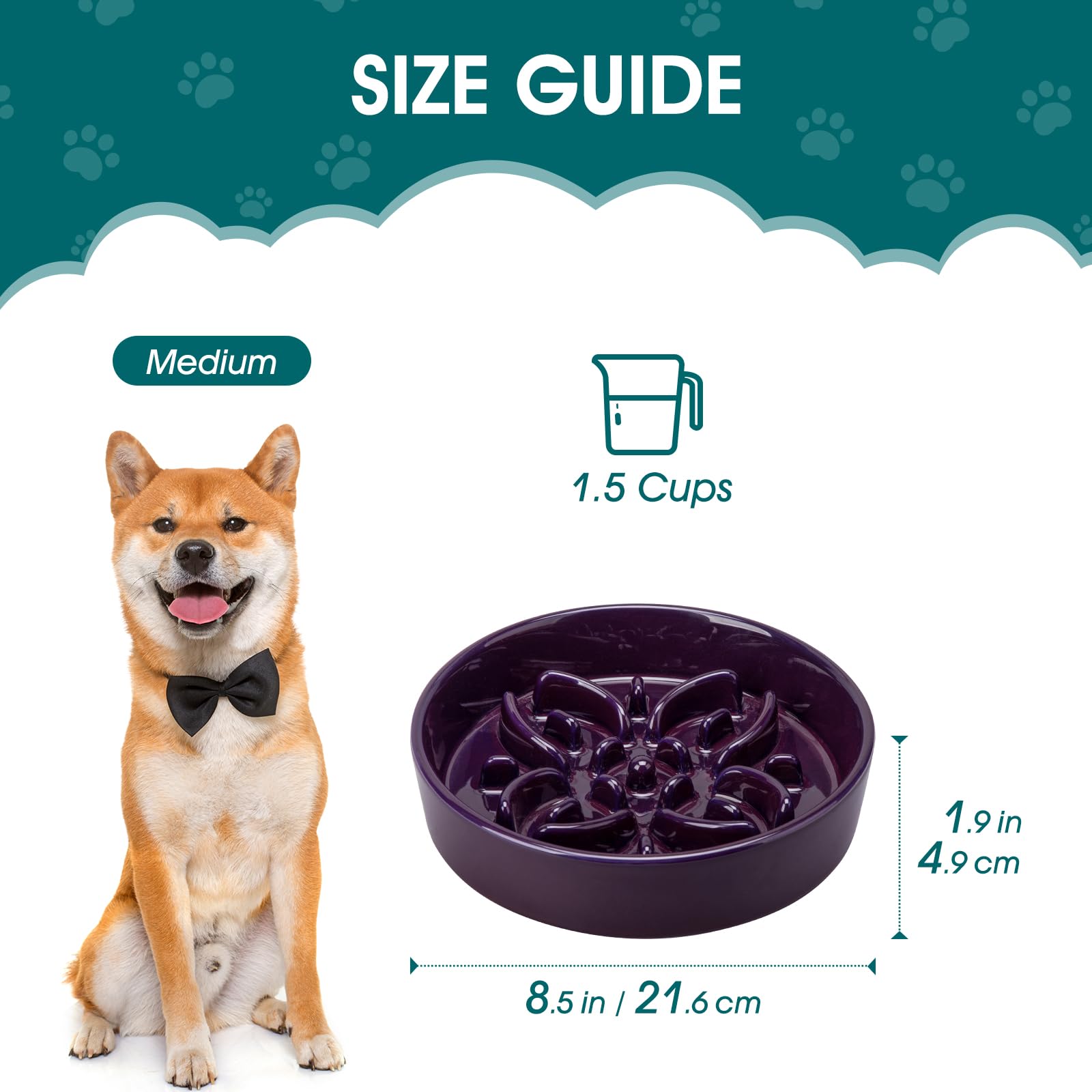 vancasso Ceramic Slow Feeder Dog Bowls, Puzzle Dog Food Bowls with Floral Maze, Anti -Slip Pet Food Dish for Medium Breed, 1.5 Cups, Purple - image 2