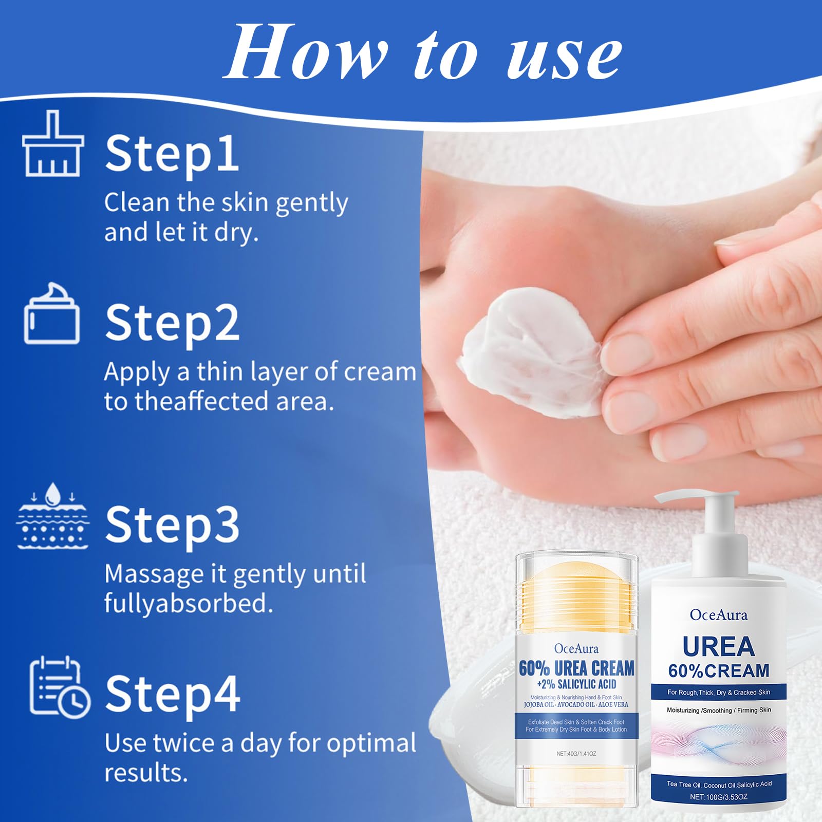 Crema Piedi Urea 60%,Crema Urea,100g panna Idratante +40g Foot panna Stick,Un'idratazione Profonda,per la Riparazione di e Mani,lozione per Piedi per Pelle Secca,Screpolata