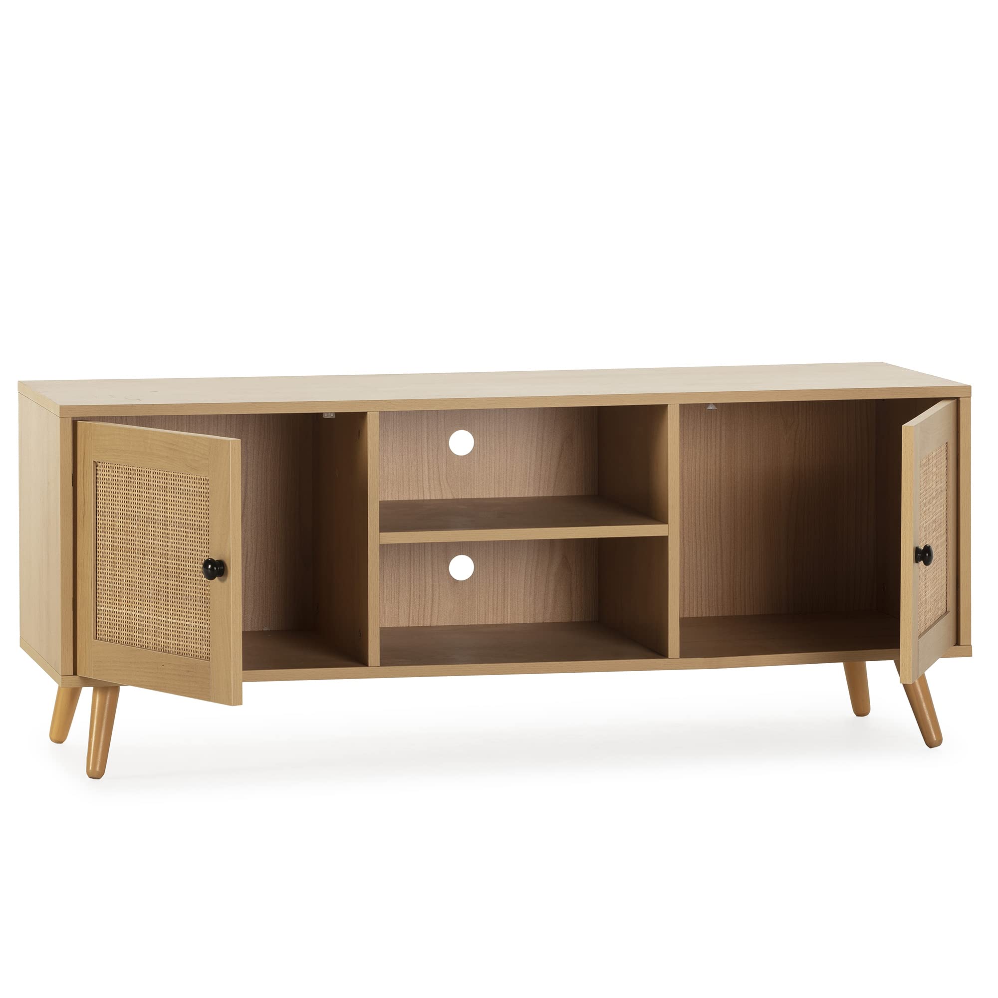 HOMN LIVING Mueble TV Bella 2 Puertas Color Roble con ratán Natural, 120 cm (Ancho) 40 cm (Profundo) 48 cm (Altura)